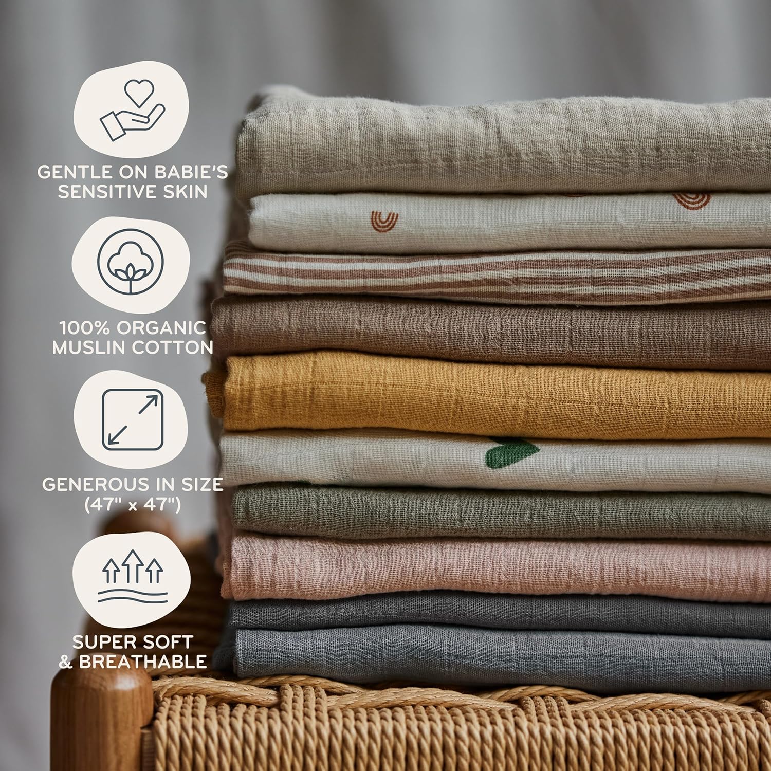 Swaddle - 100% Organic Cotton - Muslin Swaddle Blankets for Newborn, 47" x 47" (Rainbows)