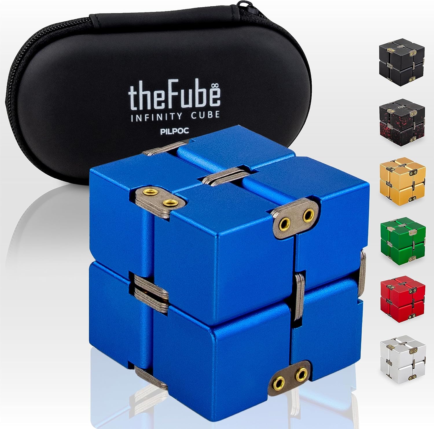 PILPOC theFube Infinity Cube Fidget Desk Toy - Aluminum Infinite Magic Cube with Case, Sturdy, Heavy, Relieve Stress and Anxiety, for ADD, ADHD, OCD (Blue)