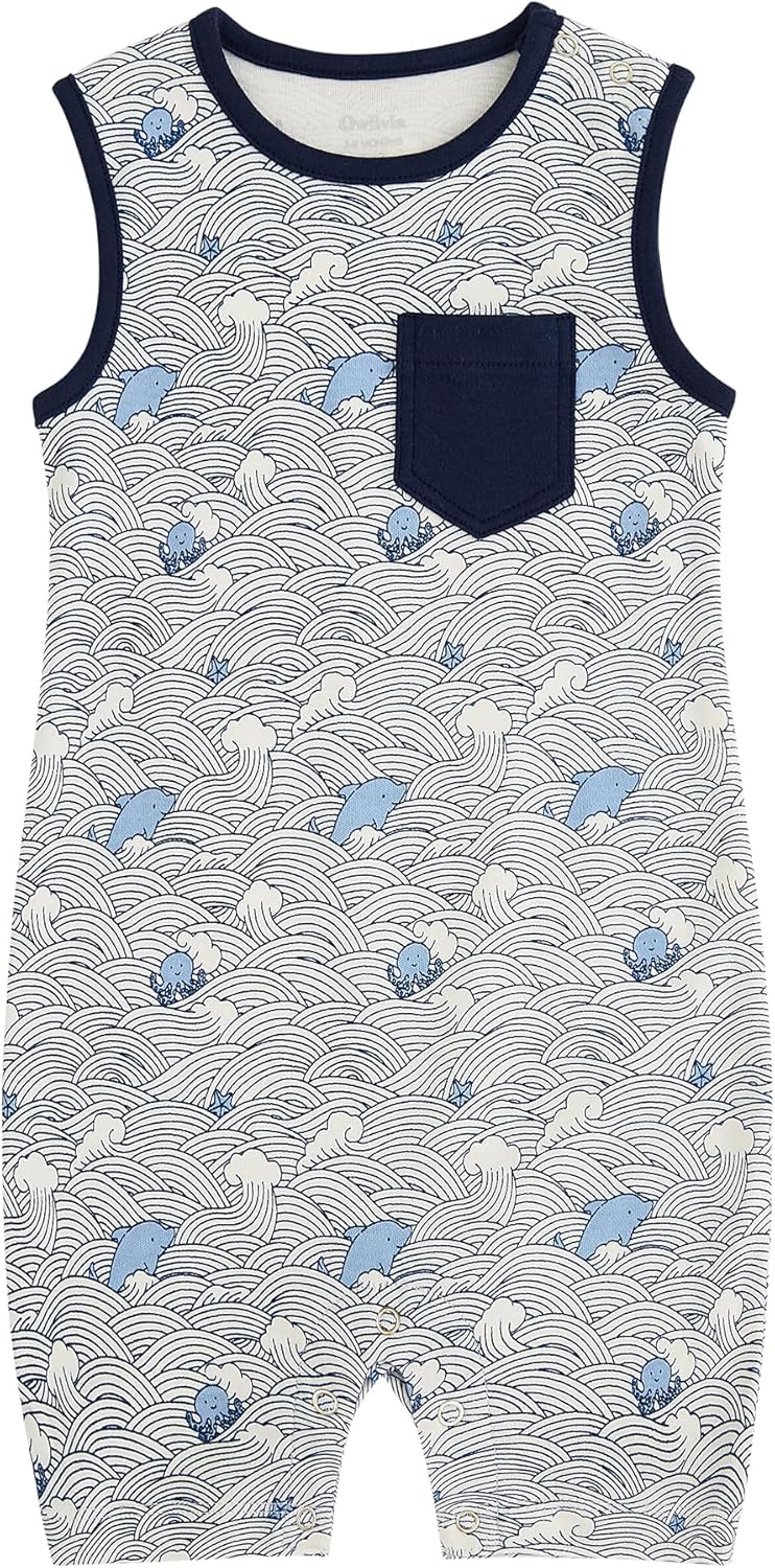 Owlivia Baby Short Sleeve Summer Romper Set, 2 Pack Tank Jumpsuit for Girls and Boys, Cartoon One Piece Coverall Outfit