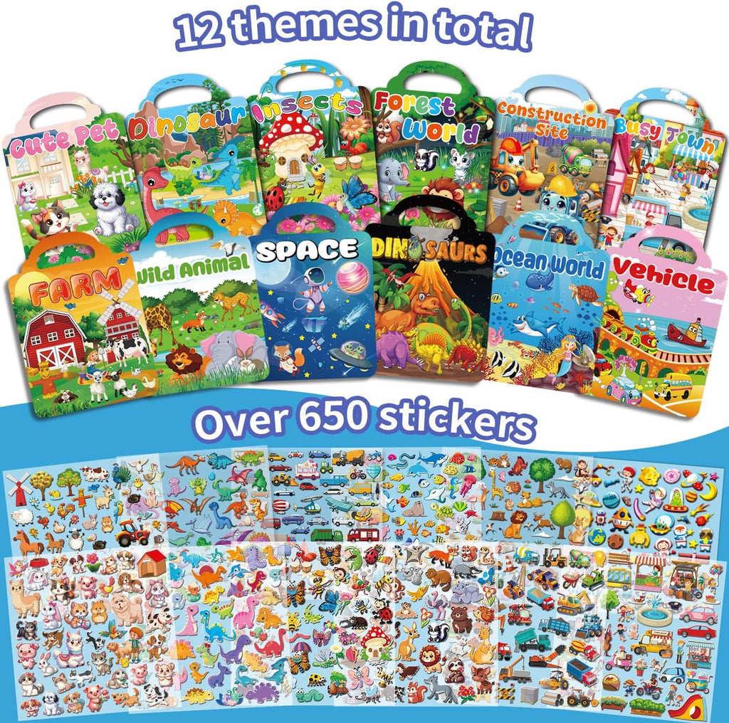 12 Set Reusable Sticker Books for Toddlers 2-4 1-3, Kids 3D Puffy Sticker Activity Books, Birthday Party Favors Goodie Bags Stuffer