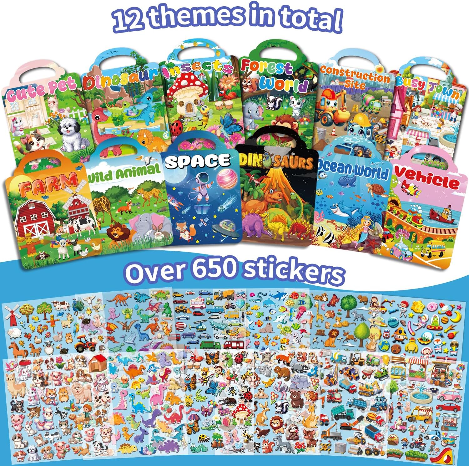 12 Set Reusable Sticker Books for Toddlers 2-4 1-3, Kids 3D Puffy Sticker Activity Books, Birthday Party Favors Goodie Bags Stuffer