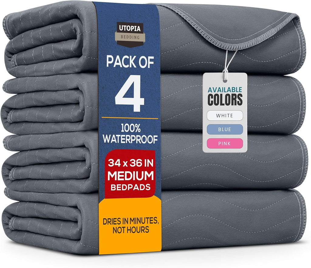 Utopia Bedding Washable Underpads 34" x 36" (Pack of 4), Waterproof Reusable Heavy Absorbency Incontinence Bed Pads for Adults, Kids, Elderly and Pets, Bedwetting Pads for Sofa and Couch (Grey)