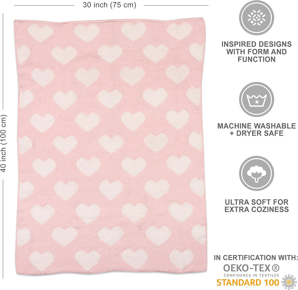 Living Textiles Pink Hearts Chenille Soft Baby Blanket Reversible Premium Cozy Fabric for Best Comfort - for Infant,Toddler,Newborn,Nursery,Girl,Throw,Crib,Stroller,Gift, Pink Hearts 40x30