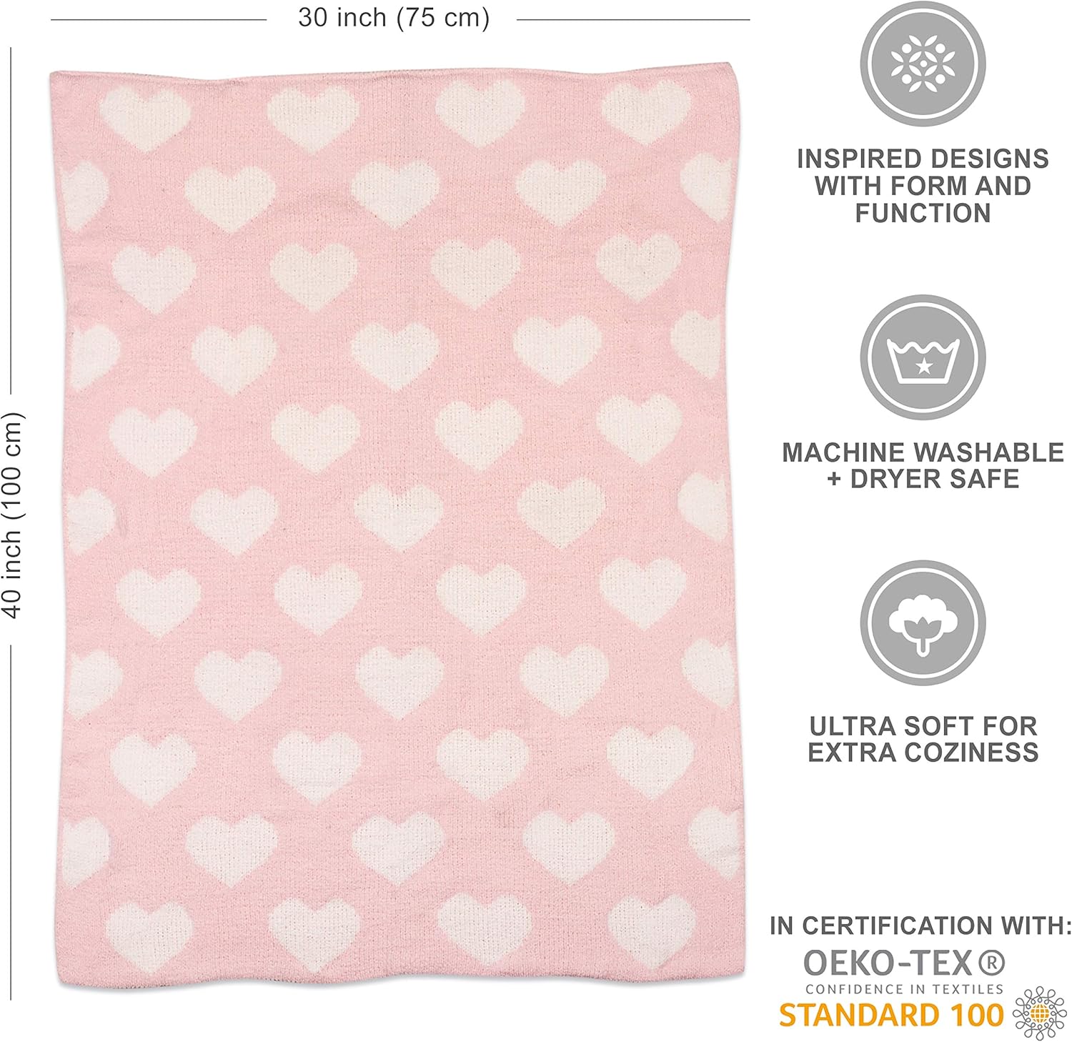 Living Textiles Pink Hearts Chenille Soft Baby Blanket Reversible Premium Cozy Fabric for Best Comfort - for Infant,Toddler,Newborn,Nursery,Girl,Throw,Crib,Stroller,Gift, Pink Hearts 40x30