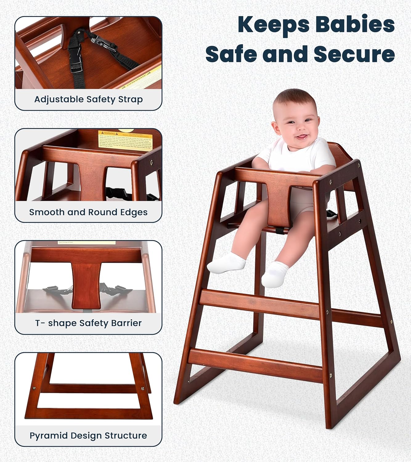 Alpine Wooden High Chairs for Babies and Toddlers with Safety Strap, Commercial Grade Restaurant High Chair, Durable Wood Space Saver Baby Feeding Chair, Ideal for Dining Spaces (2 Pack, Mahogany)