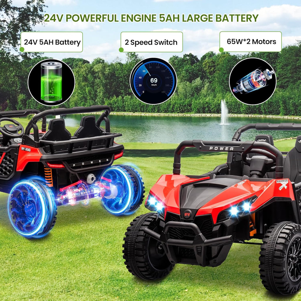 24V 2 Seater Ride On Car Truck, Power Wheels Kids UTV w/Parent Remote Control, 3.1 MPH Max Speed, Music Player, LED Lights & Storage, Electric Vehicle Ride On Toy for Kids Toddler Ages 3-8, Red