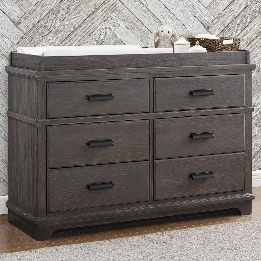 Delta Children Aerin Crib 6-Piece Baby Nursery Furniture Set–Includes: Convertible Crib, 6 Drawer Dresser, Changing Top, Crib Mattress, Sheets & Changing Pad, Rustic Grey