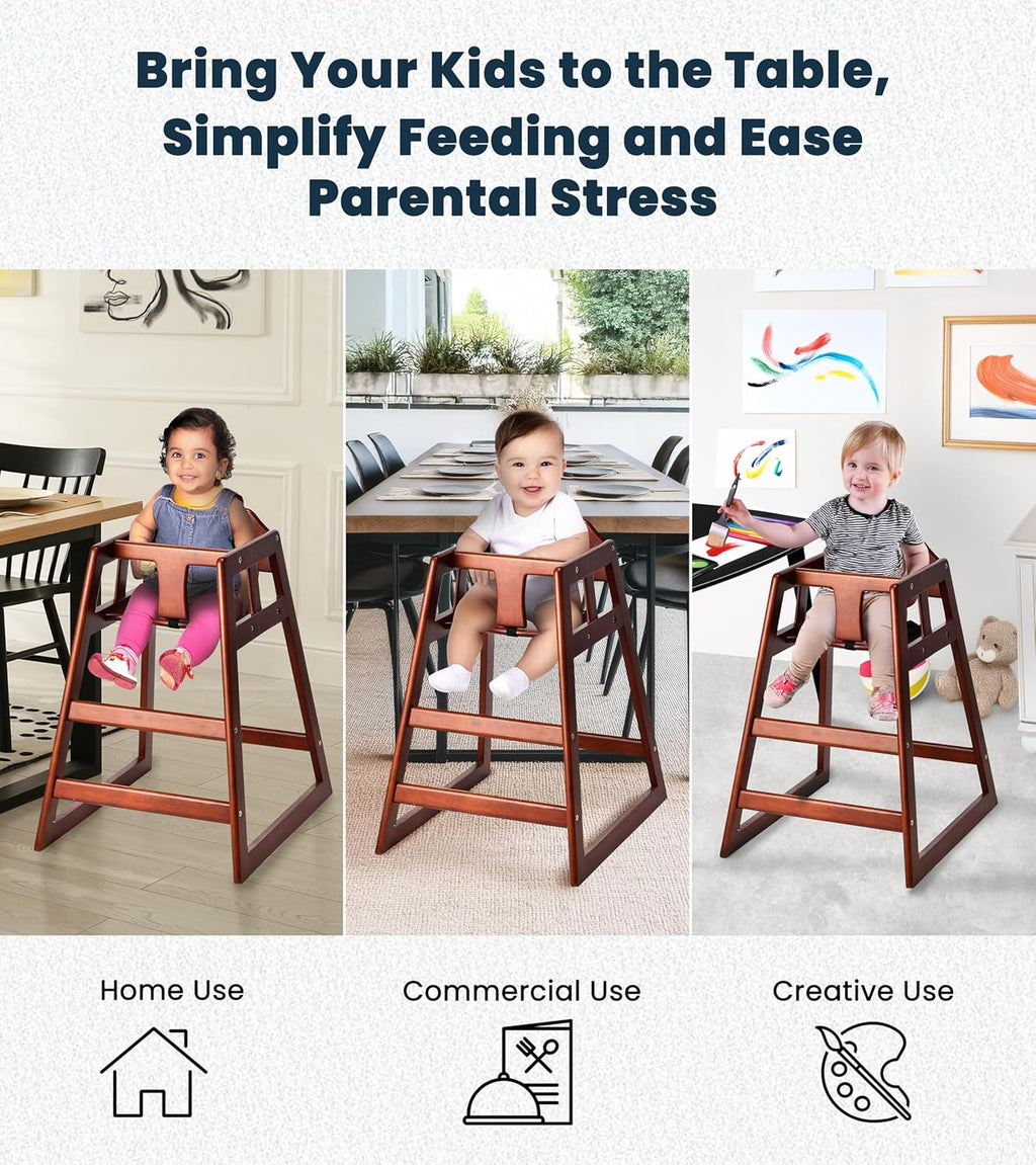 Alpine Wooden High Chairs for Babies and Toddlers with Safety Strap, Commercial Grade Restaurant High Chair, Durable Wood Space Saver Baby Feeding Chair, Ideal for Dining Spaces (2 Pack, Mahogany)