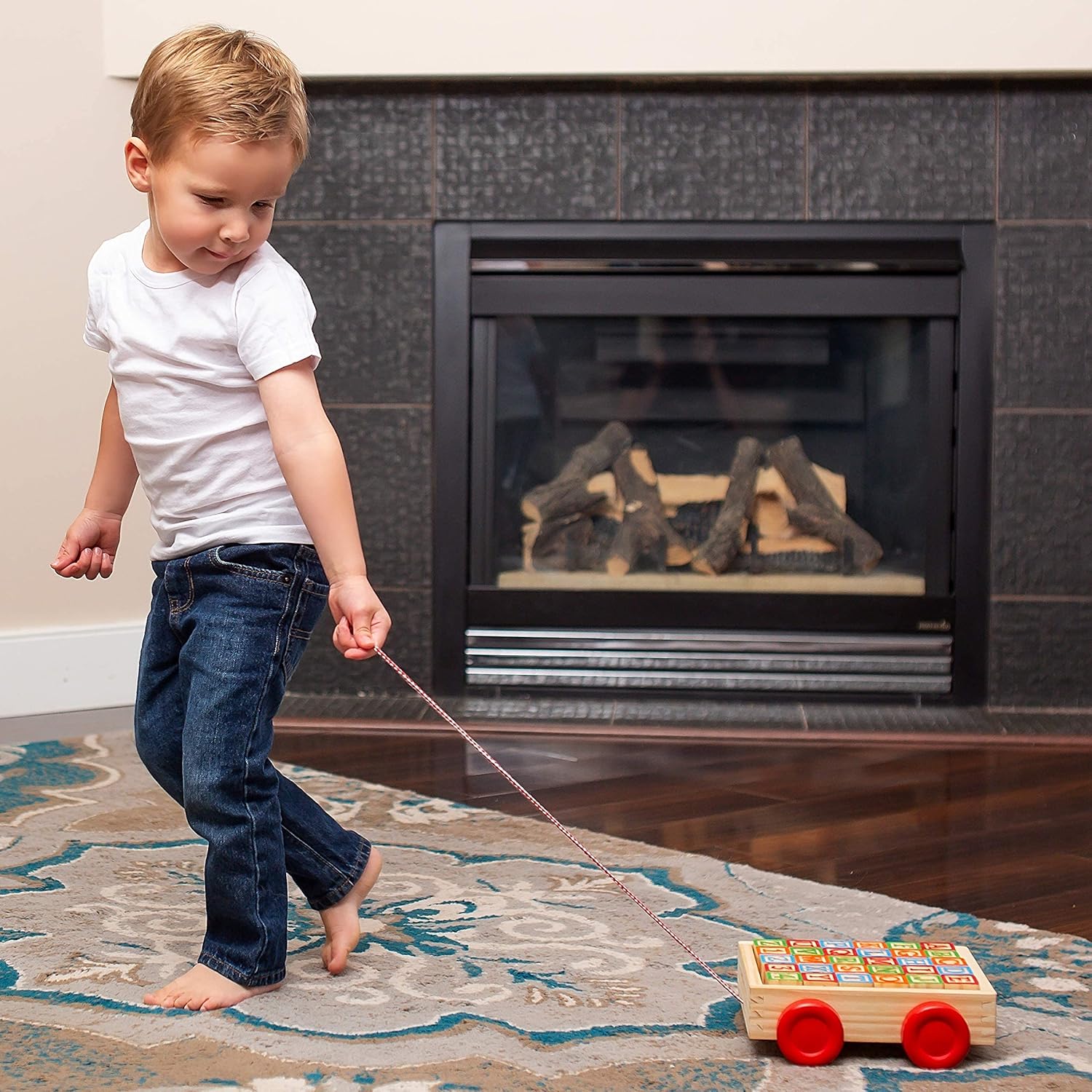 Building Blocks for Toddlers 1-3 Years Old, 30 Large Stackable Wooden Baby Blocks with Alphabet and Number Icons on Every Side, Toy Wagon Included﻿