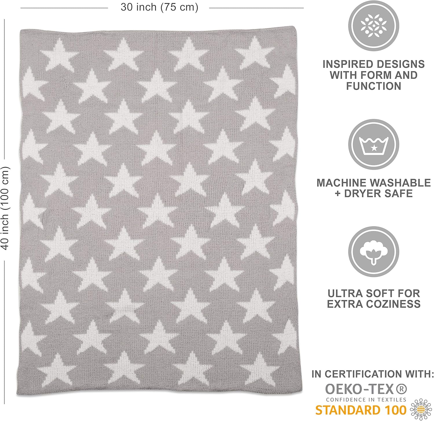 Living Textiles Grey Stars Chenille Soft Baby Blanket Reversible Premium Cozy Fabric for Best Comfort - for Infant,Toddler,Newborn,Nursery,Boy,Girl,Unisex,Throw,Crib,Stroller,Gift, Grey Stars 40x30