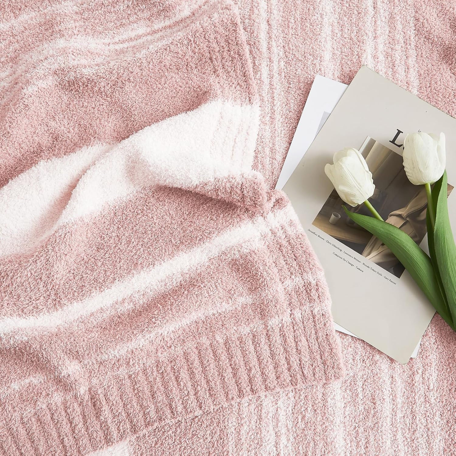 WRENGONGE Pink Throw Blanket, 50x70 Soft Cozy Striped Throw Blankets for Couch, Sofa, Bed, Travel, Lightweight Fluffy Warm Plush Decorative Blankets for Women, Men,Kids Gift