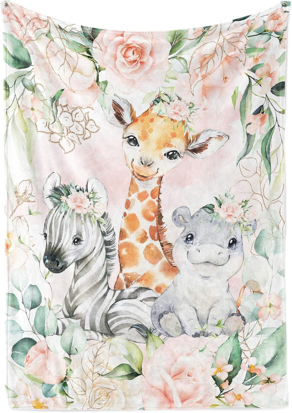 UNIQUE Rose Flowers Safari Ultra Soft Fleece Baby Blanket 30x40in, Cute Zebra Hippo Giraffe Baby Blanket, Girl