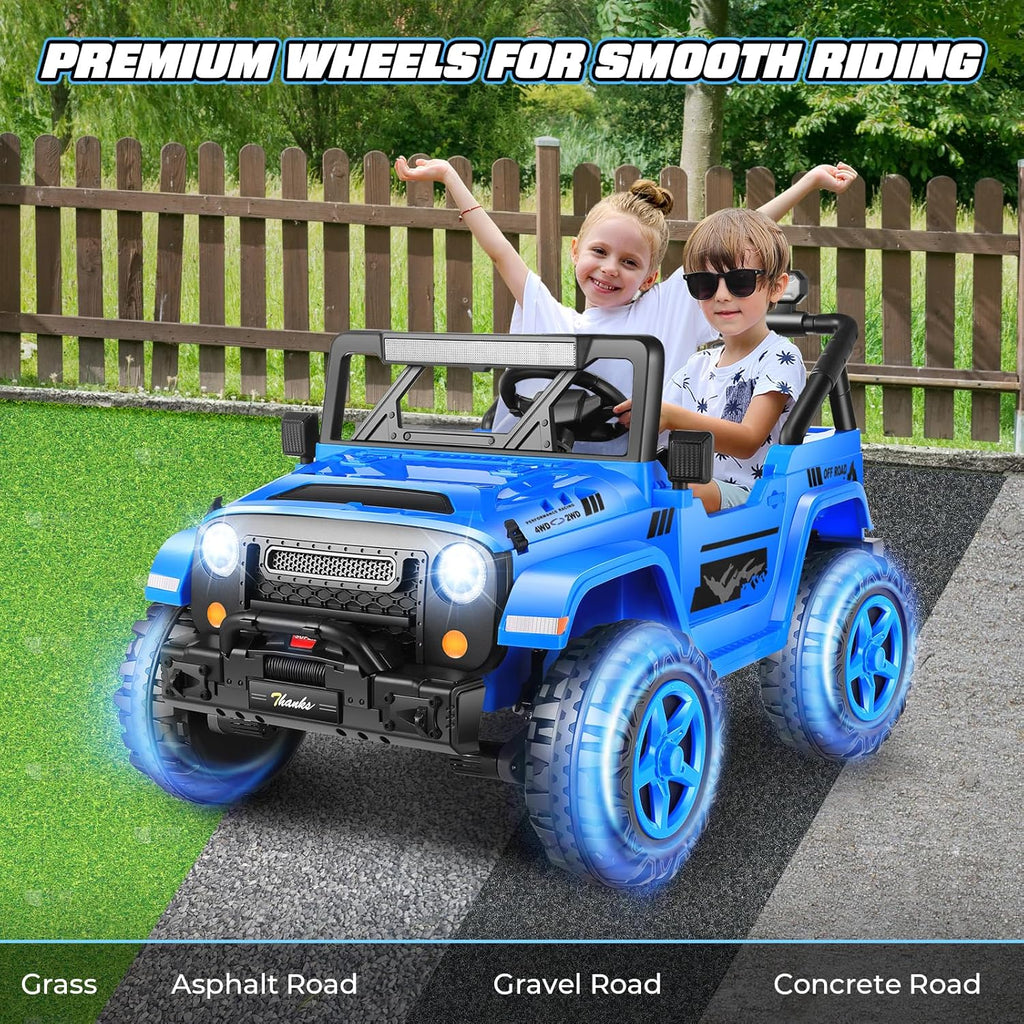 Hikole 24V Kids Ride on Car - 2 Seater, 4WD/2WD Switch, 4x200W Motor, Remote Control, 3 Speeds, LED Lights, Safety Belt, Off-Road Electric Vehicles for Boys Girls, Blue
