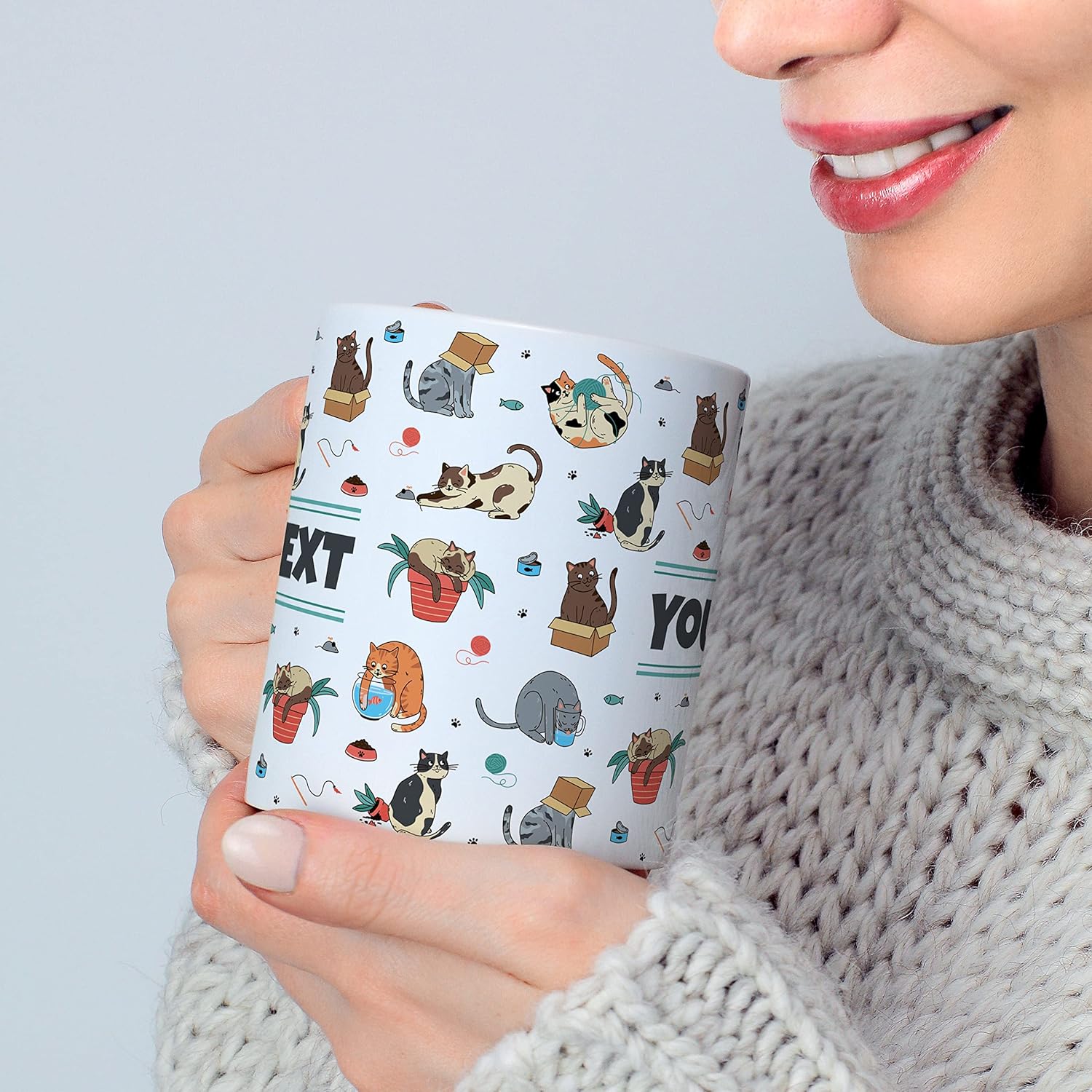 Personalized Mug for Kids - Cats - Custom Name/Text, Ceramic Hot Chocolate/Cocoa/Coffee Cup for Boys/Girls, Birthday/Christmas/Holiday Gift - 11 oz, Red Handle