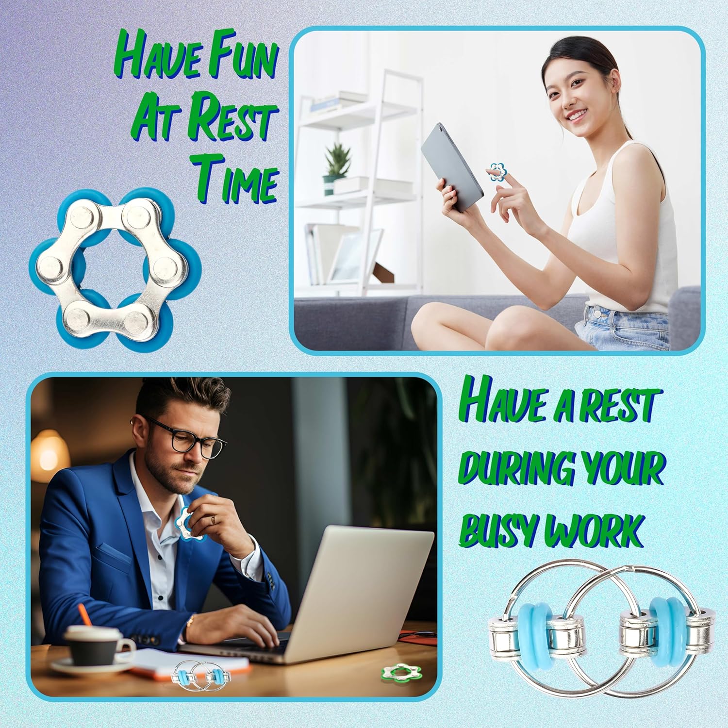 Sensory Fidget Toy 10 Set Roller Bike Chain Fidget Spinner and Marble Fidget Stress Pea Pod Stress Relief Tools, Spiky Sensory Finger Rings for Kids and Adults with Attention Disorder