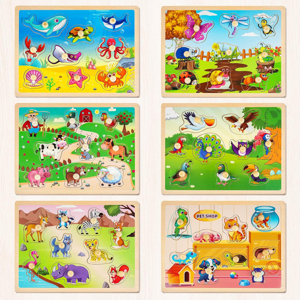 SYNARRY Wooden Puzzles for Toddlers 1-3, 6XSET Animals Puzzles for Toddlers 2-4 with Rack, Toddler Puzzles Ages 2-4, Kids Learning Educational Montessori Toys for 2 3 Year Old, Gifts for Boys Girls