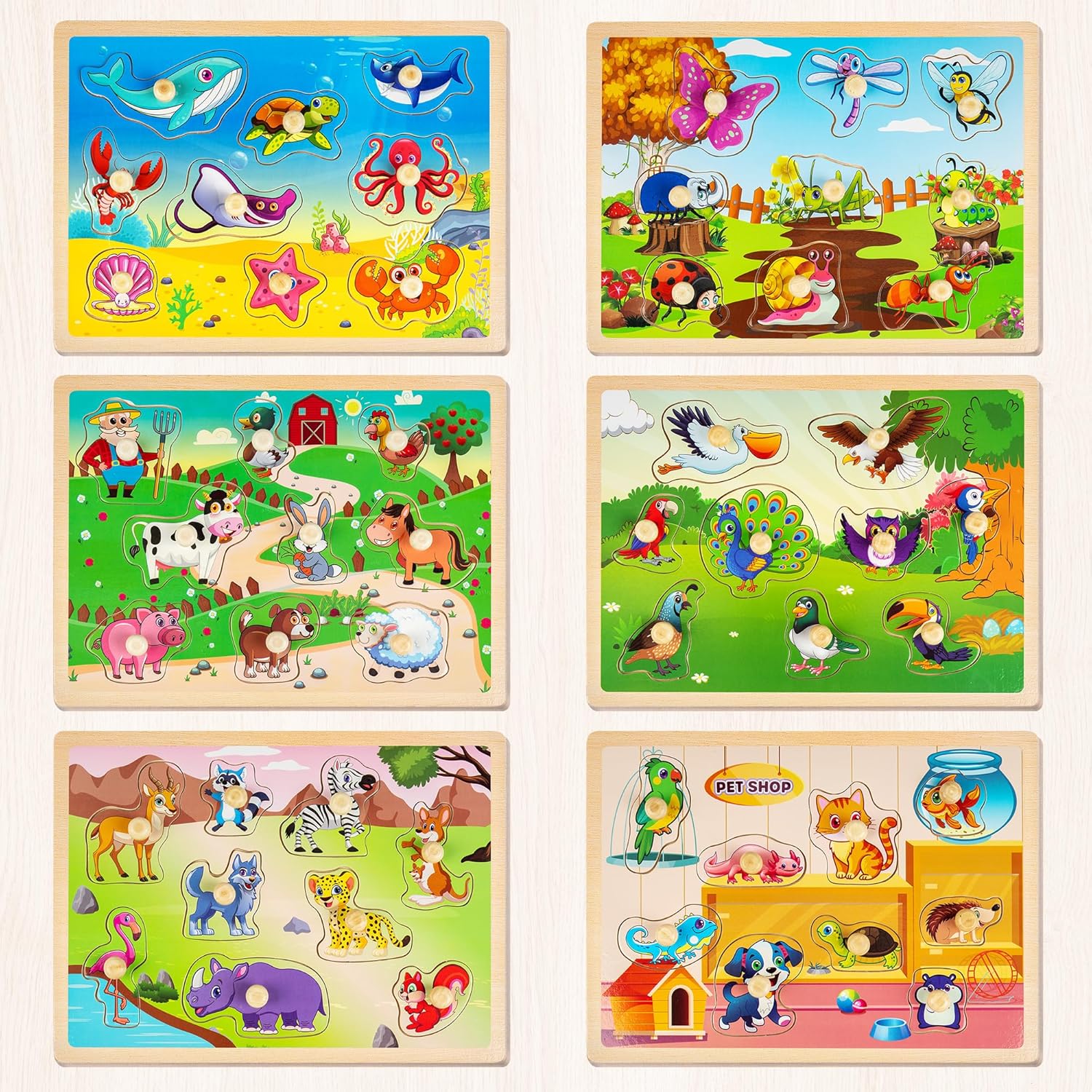 SYNARRY Wooden Puzzles for Toddlers 1-3, 6XSET Animals Puzzles for Toddlers 2-4 with Rack, Toddler Puzzles Ages 2-4, Kids Learning Educational Montessori Toys for 2 3 Year Old, Gifts for Boys Girls