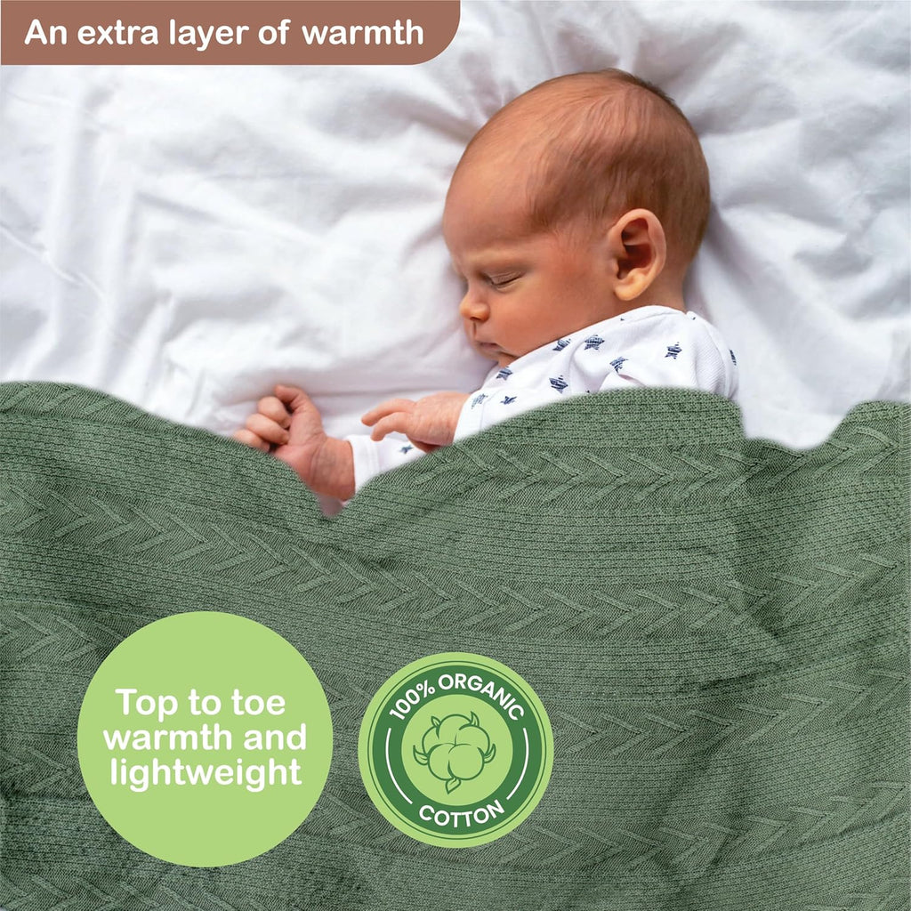 Organic Cotton Baby Blanket - 31.5 x 43.3 Inches, Soft Knitted Crib Blanket for Boys & Girls, Breathable Design (Green)