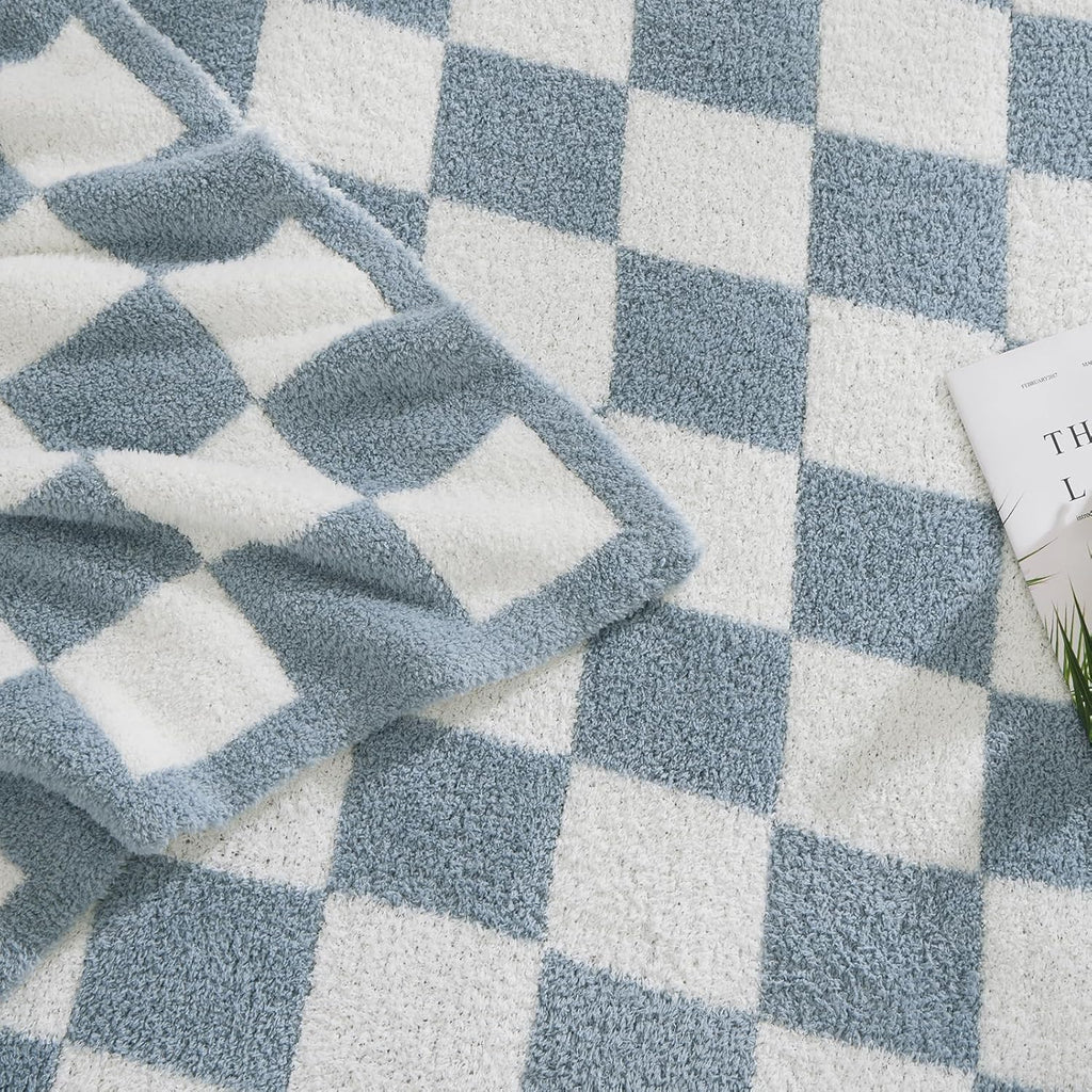 WRENSONGE Checkered Throw Blanket, Grey Blue Soft Cozy Fluffy Warm Hand Made Throw Blankets for Couch, Sofa, Chair, Bed, Camping, Picnic, Travel Lightweight Bed Blanket - 60"*80"