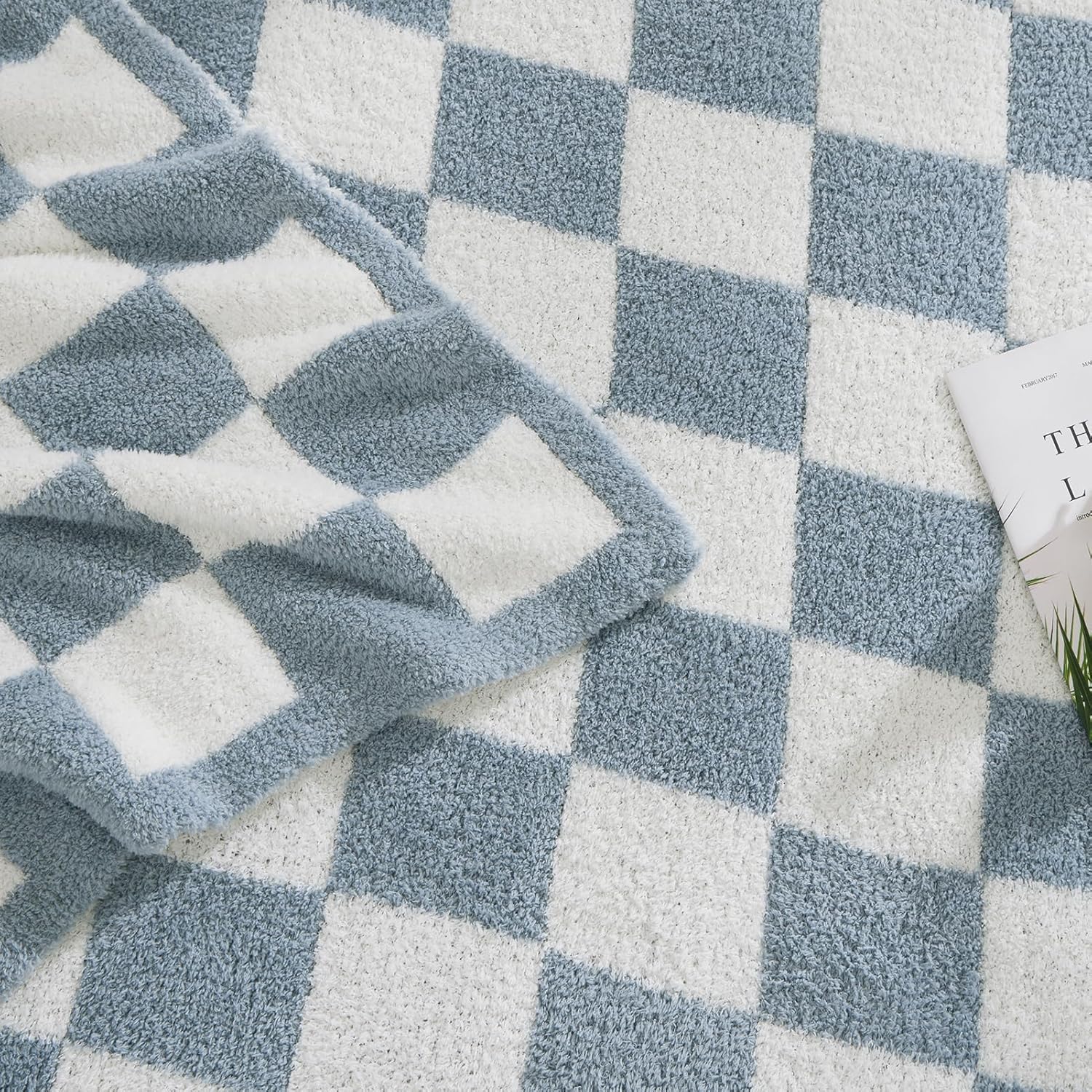 WRENSONGE Checkered Throw Blanket, Grey Blue Soft Cozy Fluffy Warm Hand Made Throw Blankets for Couch, Sofa, Chair, Bed, Camping, Picnic, Travel Lightweight Bed Blanket - 60"*80"