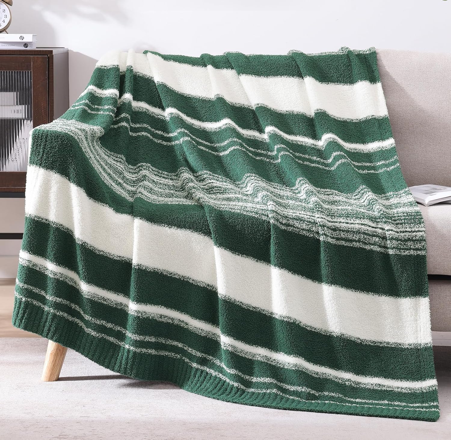 WRENGONGE Dark Green Throw Blanket, 50x70 Soft Cozy Striped Throw Blankets for Couch, Sofa, Bed, Travel, Lightweight Fluffy Warm Plush Decorative Blankets for Women, Men,Kids Gift