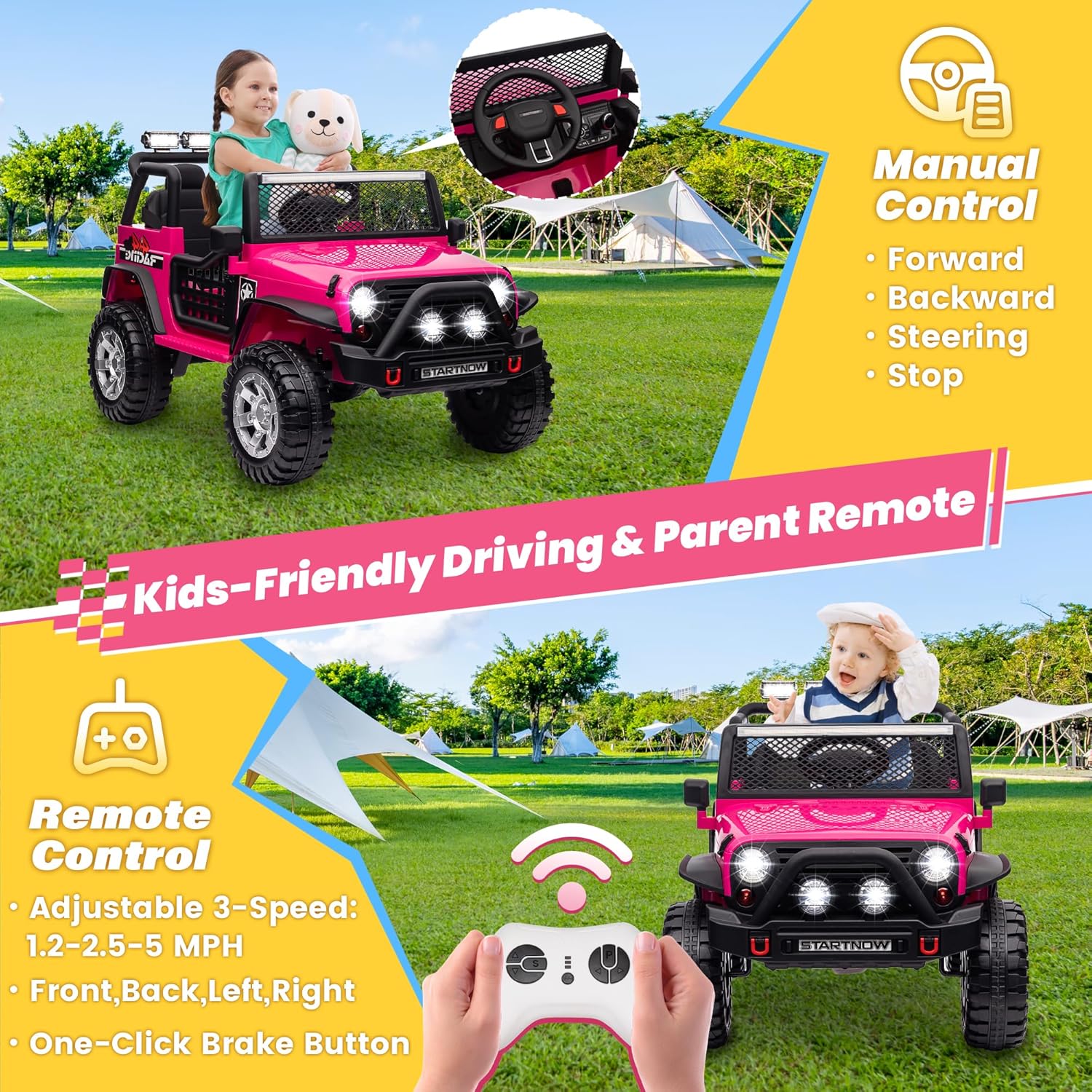 24V 4WD Ride on Truck Car w/800W Motors, Gift Flower, Remote Control, 2 Seaters, Light Bar, 3 Speeds, Pop Music, Power Four Wheels, 24 Volt Ride on Toy Car for Big Kids, Rose Red