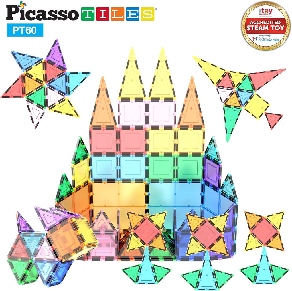 PicassoTiles 60 Piece Set 60pcs Magnet Building Tiles Clear Magnetic 3D Blocks Construction Playboards - Creativity beyond Imagination, Inspirational, Recreational, Educational, Conventional