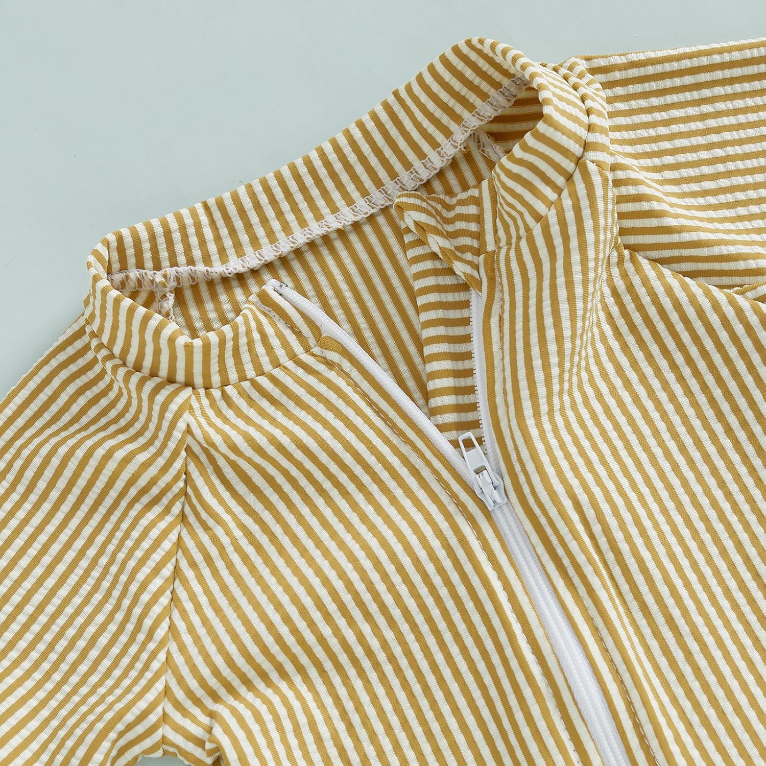 Toddler Baby Boys Seersucker Short Sleeve One Piece Rash Guard Swimsuit Zipper Bathing Suit Swimwear with Hat