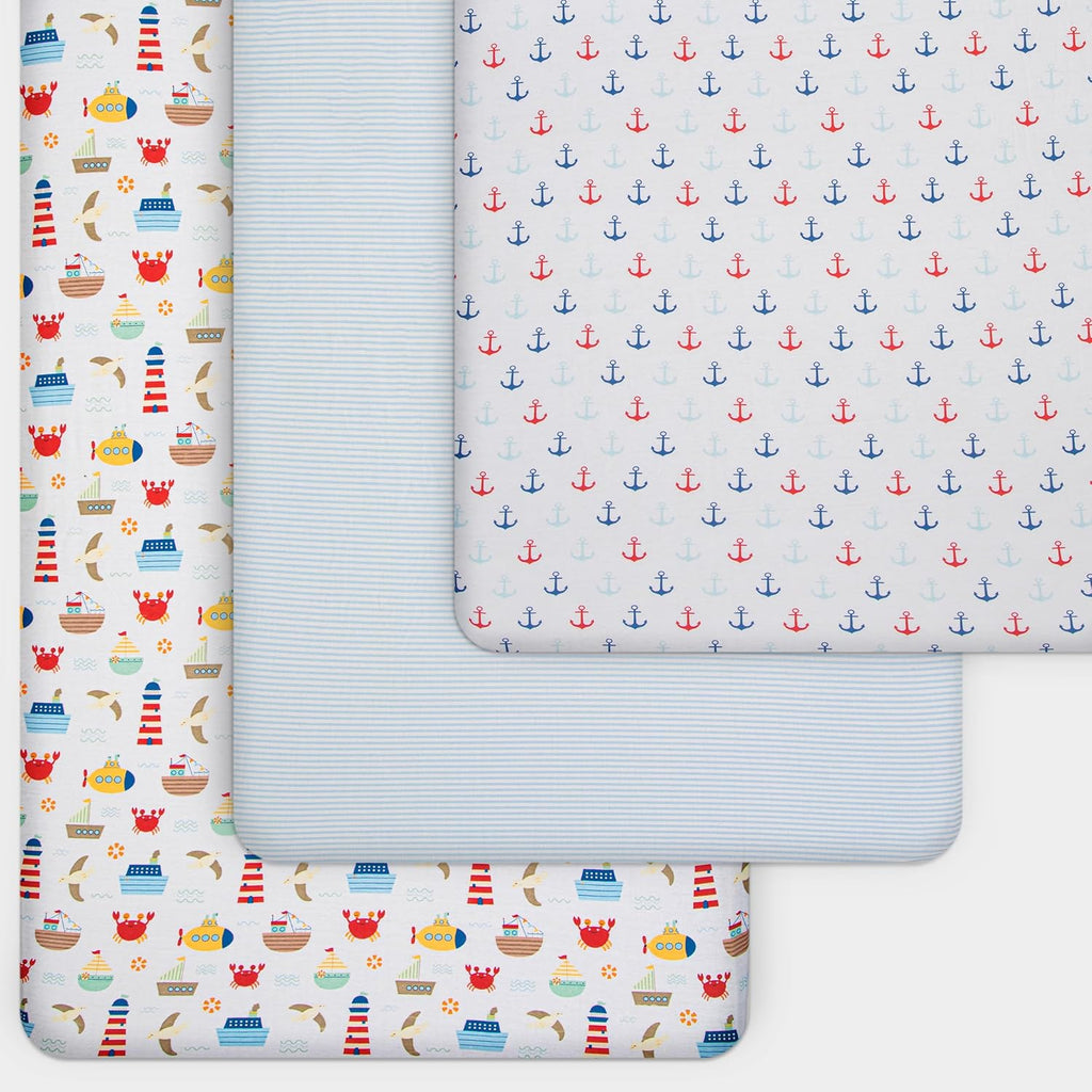 GROW WILD Nautical & Ships Baby Crib Sheets for Boys (3 Pack) - Jersey Knit Fitted Sheet (52" x 28"), Toddler Bedding Set & Baby Boy Crib Bedding Set, Anchors and Ships with Stripes