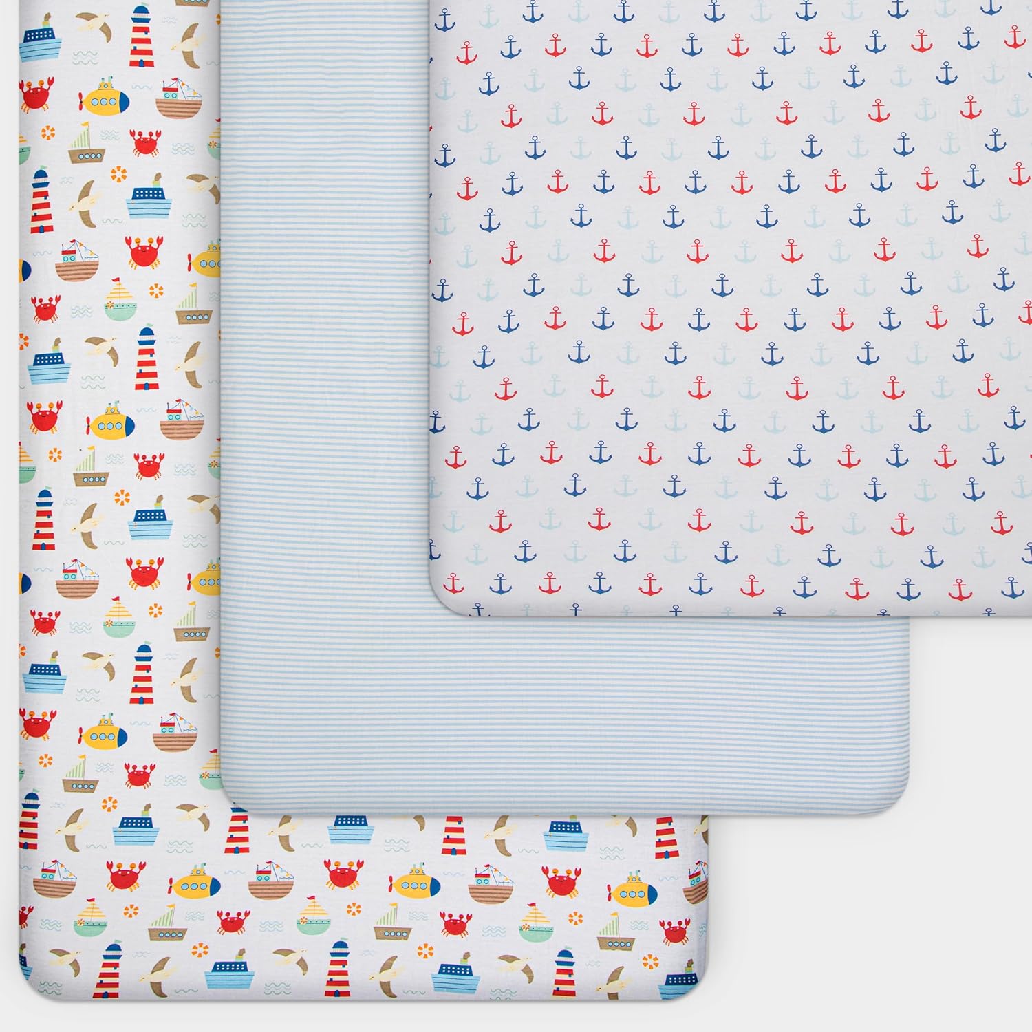 GROW WILD Nautical & Ships Baby Crib Sheets for Boys (3 Pack) - Jersey Knit Fitted Sheet (52" x 28"), Toddler Bedding Set & Baby Boy Crib Bedding Set, Anchors and Ships with Stripes
