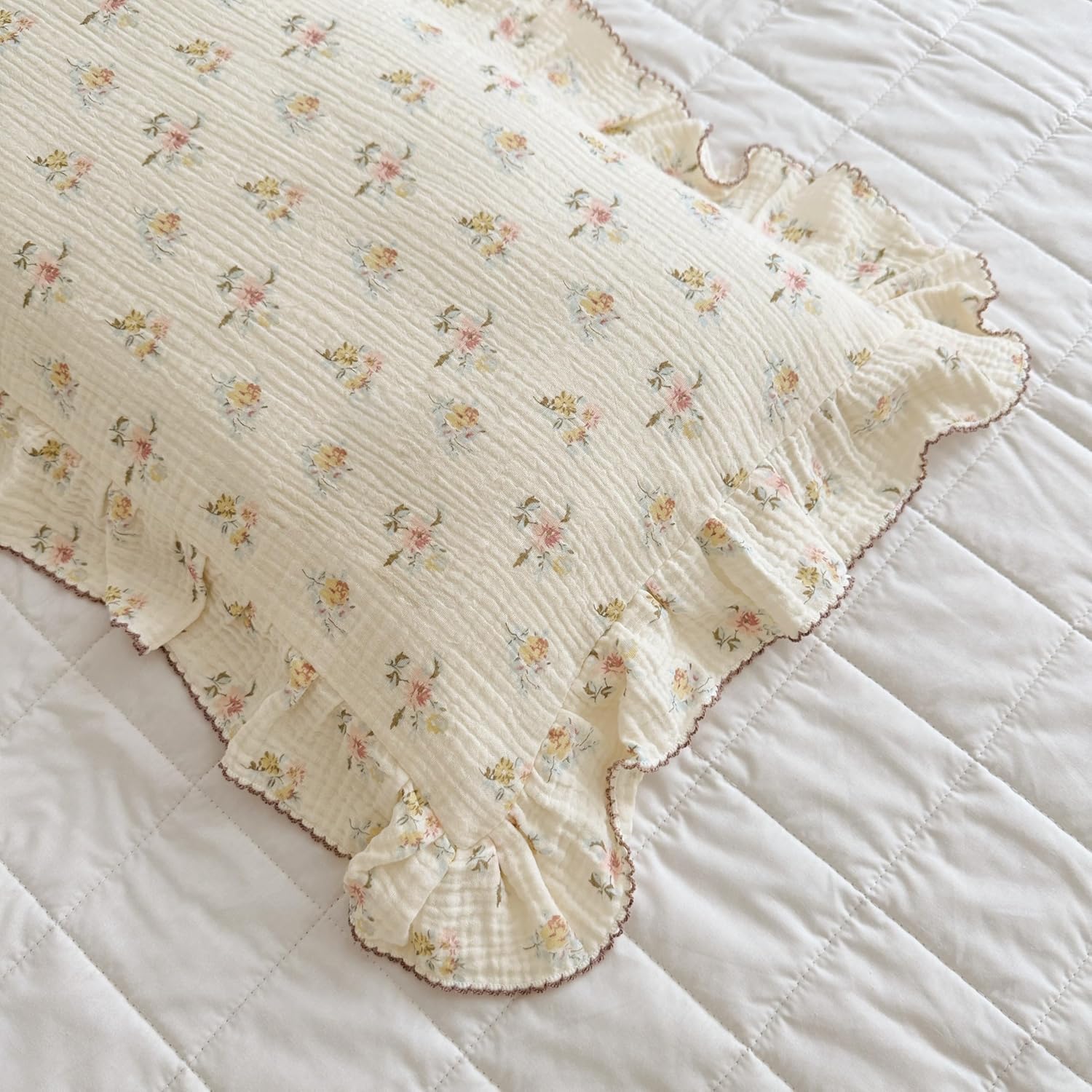 BuLuTu Double Layers Muslin Cotton Pillowcase King Size Vintage Floral Print Pillow Case Teens Girls Women Ruffled Pillow Cover, Envelope Closure, 20x36 inch, 1 Piece, Azalea