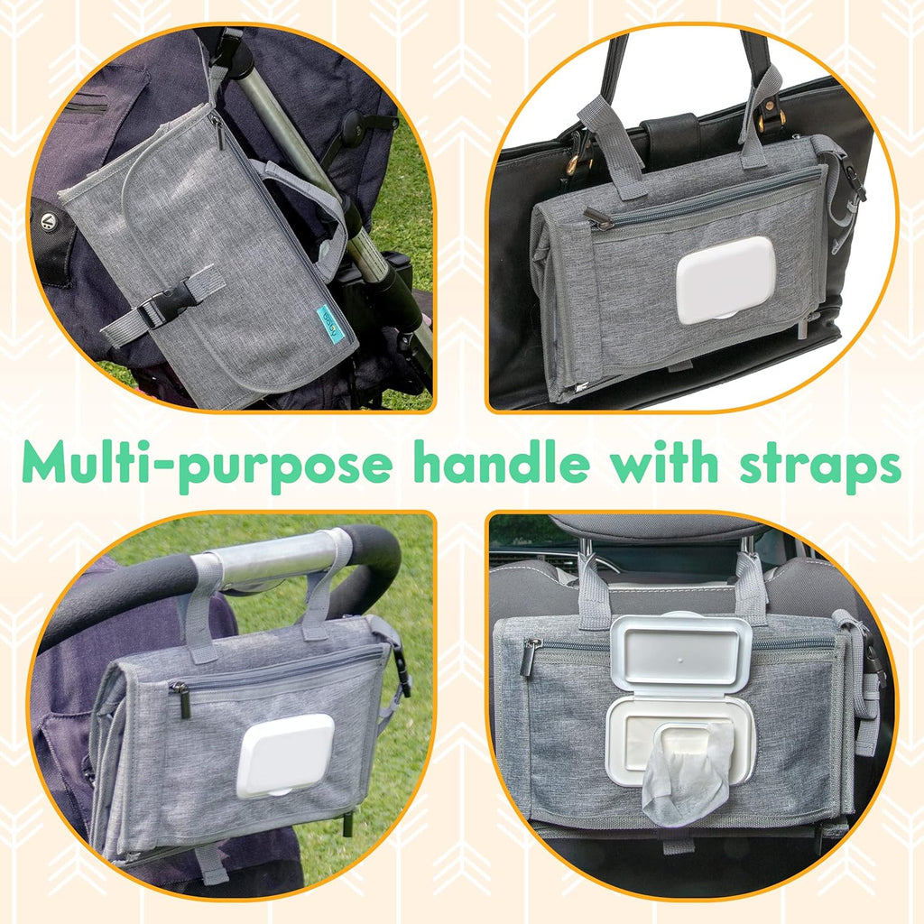 Kopi Baby Portable Diaper Changing Pad - Baby Diaper Changer Travel Bag with Wipes Pocket, Smart Design Portable Changing Mat, Infant Travel Station Kit, Gift for Newborn Girl & Boy - Grey, Premium
