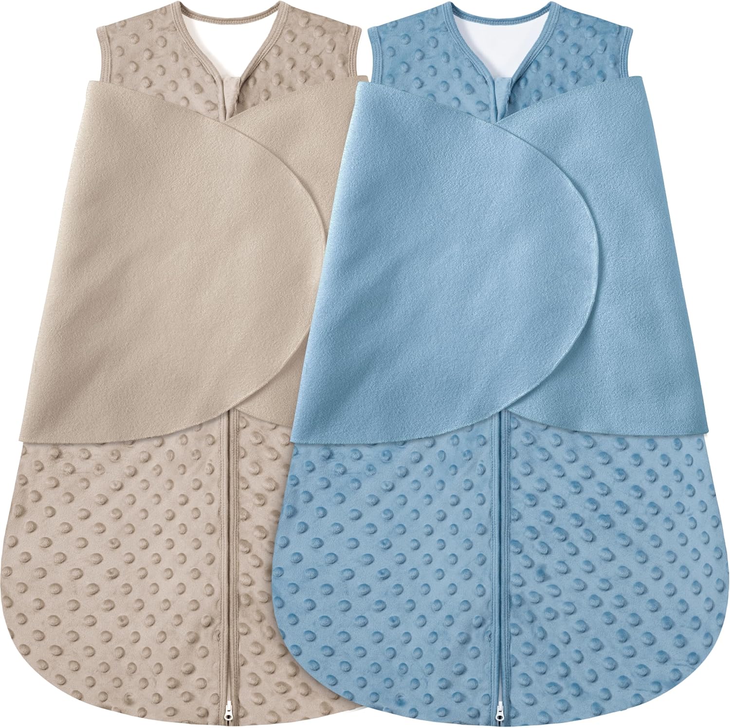 Fleece Newborn Sleep Sack Baby Swaddle,3-Way Adjustable Wearable Blanket,2 Pack Fleece Swaddling Sleeping Bag TOG 2.0， (Brown & Dark Green, 0-3 Months)