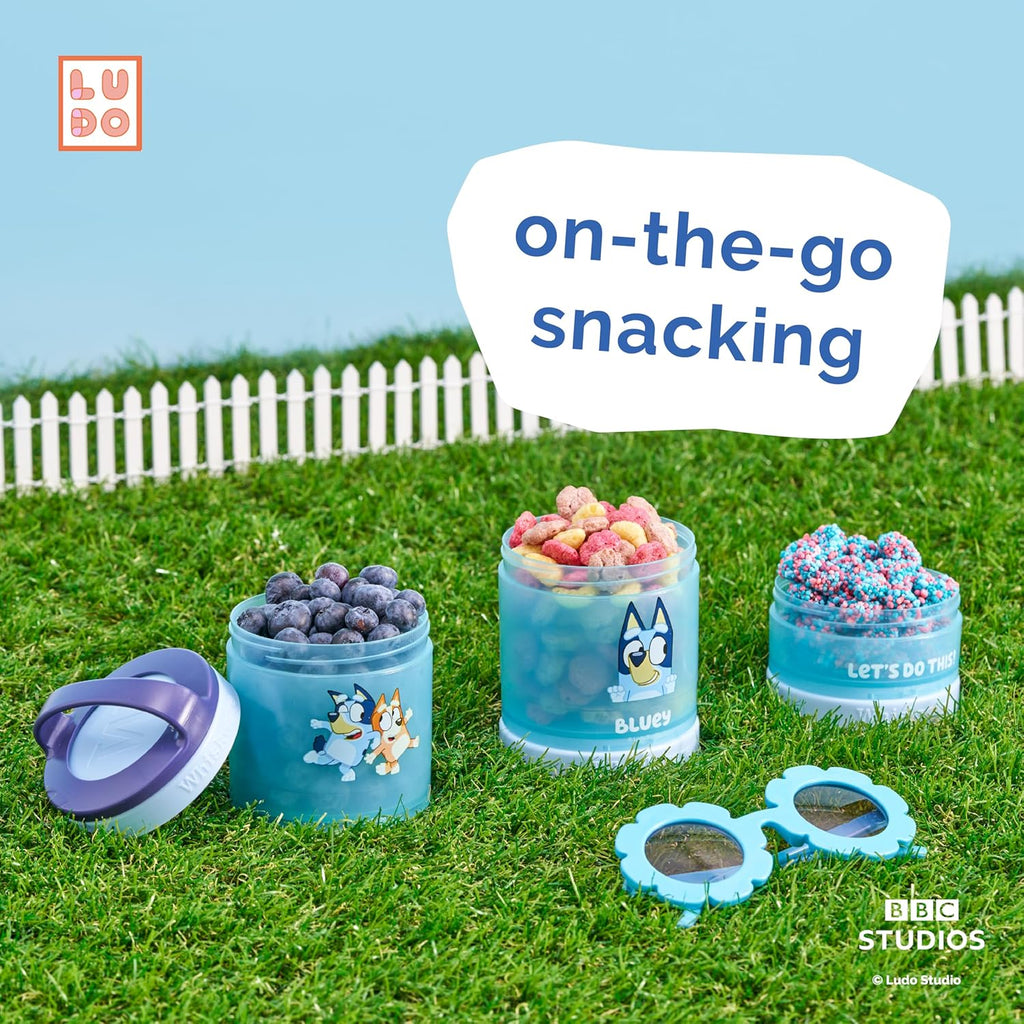 Whiskware Bluey Stackable Snack Containers for Babies, Toddlers, and Kids, 3 Stackable Snack Cups for School and Travel, Cupholder Friendly, Bluey and Bingo! Let’s Do This!