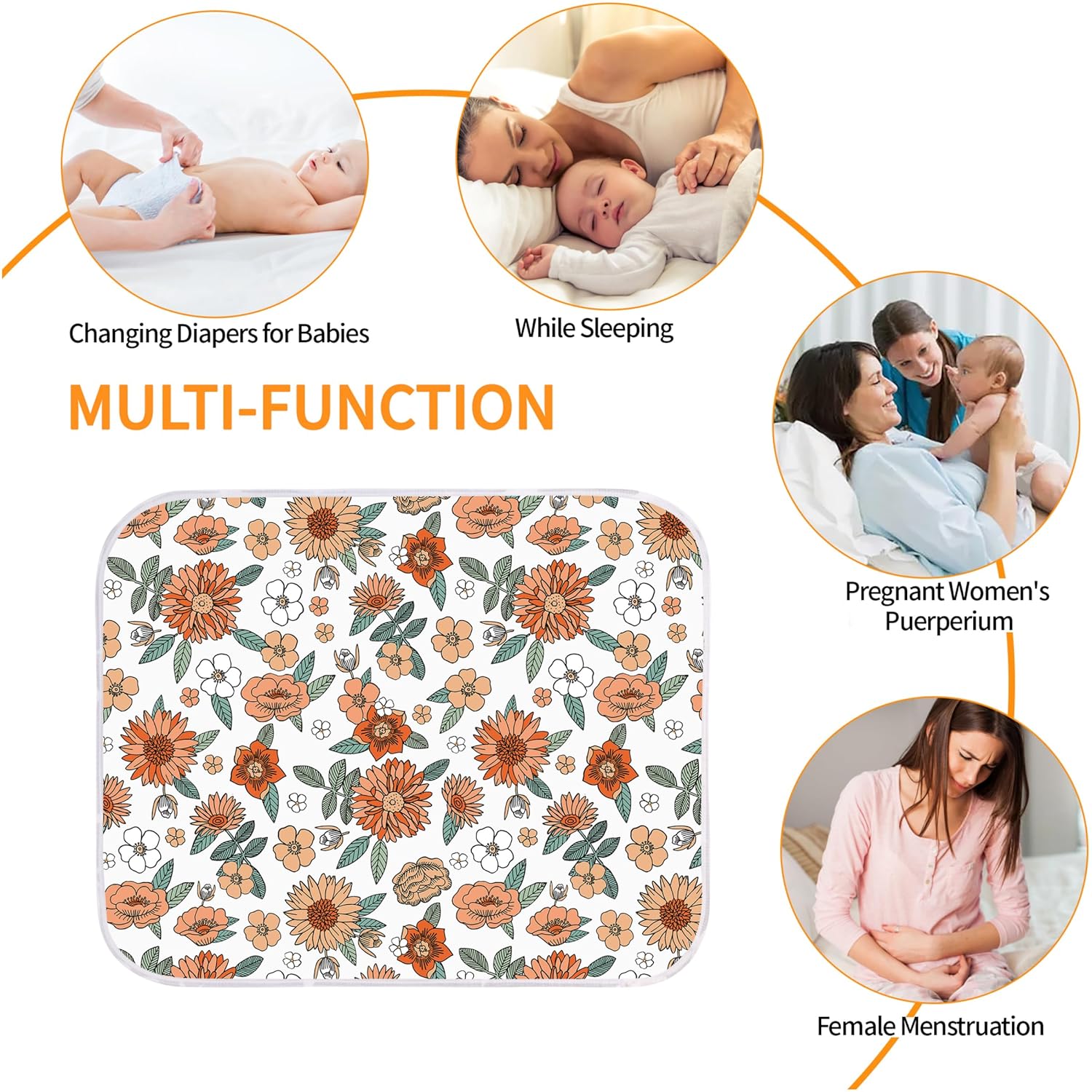 Diaper Changing Pads for Baby, Flower Change Mat, 3Layers Waterproof Change Pad Foldable Absorbent Mats for Women, Reusable Incontinence Underpads for Patient 24''x30''