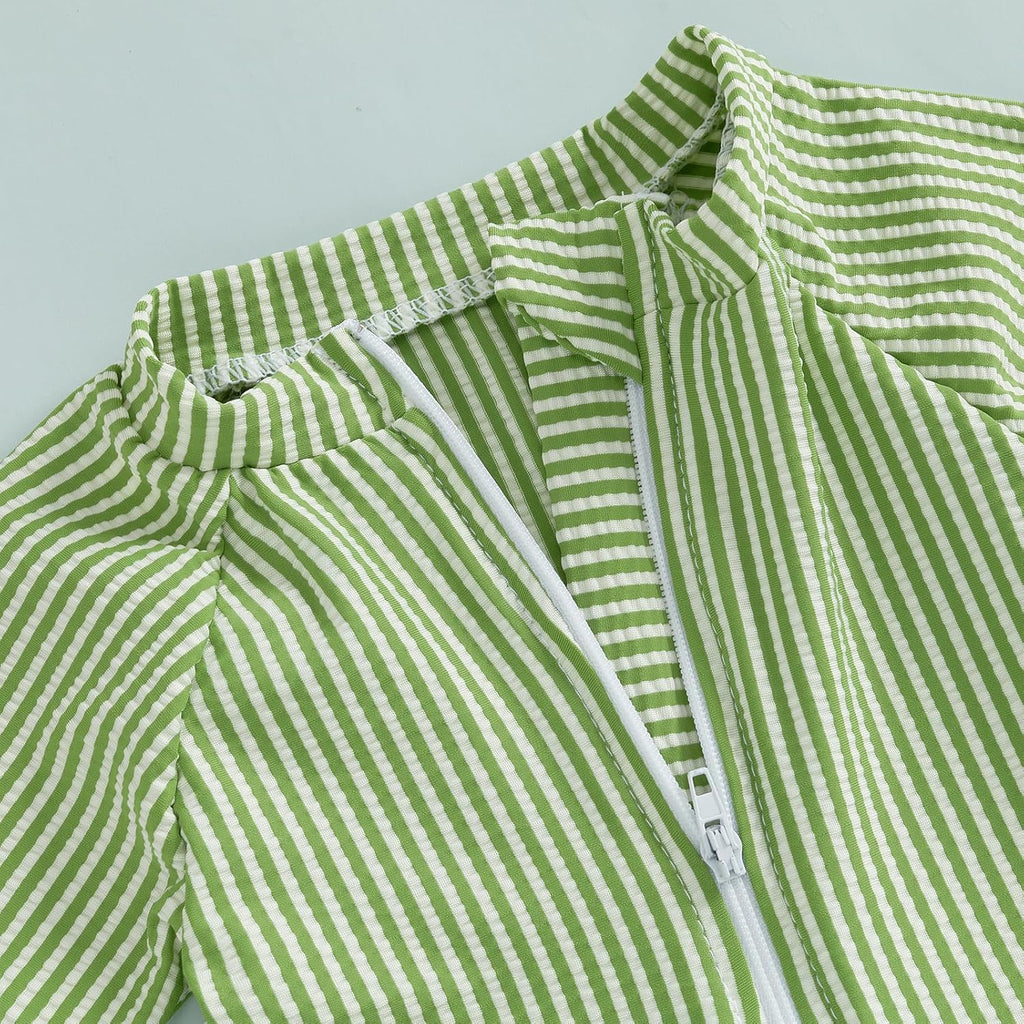 Toddler Baby Boys Seersucker Short Sleeve One Piece Rash Guard Swimsuit Zipper Bathing Suit Swimwear with Hat