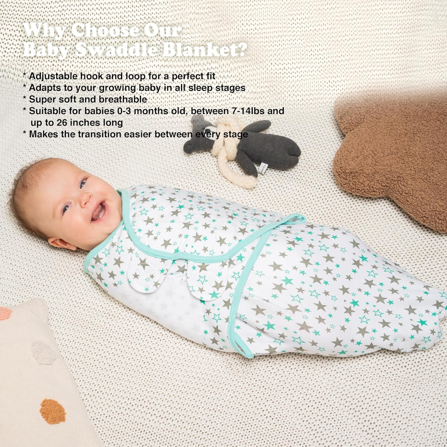 Bublo Baby Swaddles for Newborns – 3-Pack Infant Swaddles 0-3 Months – Adjustable Swaddle Sleep Sack with Zipper – Soft Cotton Baby Wrap for Safe & Cozy Sleep (Aqua)