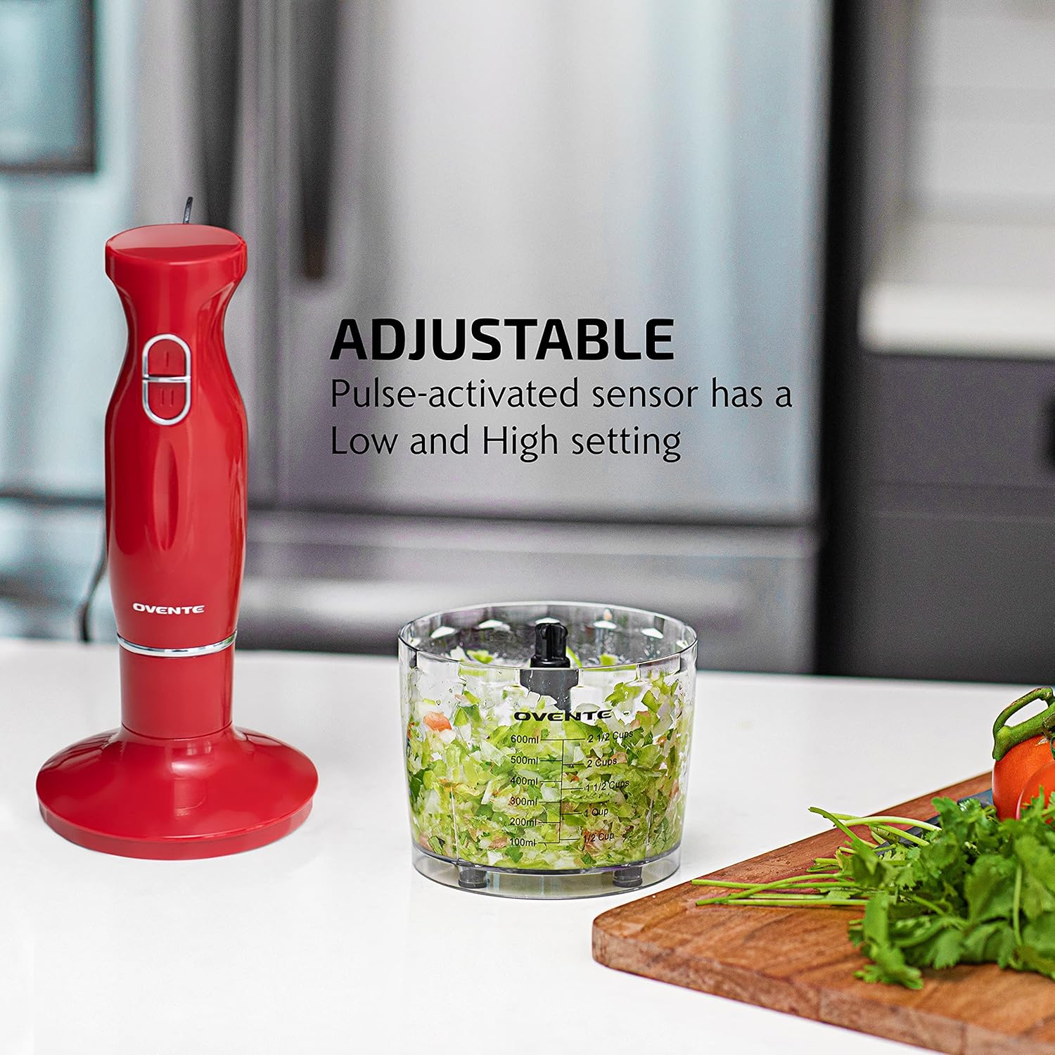 OVENTE Immersion Hand Blender, 300W Electric Handheld Portable Stick Mixer Set with 2 Mixing Speed, Stainless Steel Blades, Egg Whisk Attachment, Mixing Beaker and BPA-Free Food Chopper, Red HS565R