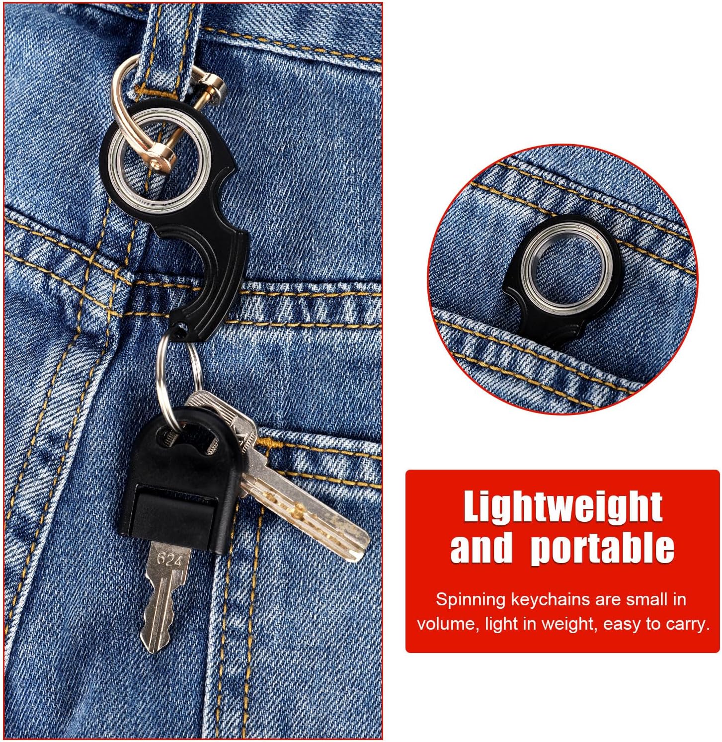 2pcs Key Chain Spinner Toys 0.67" Inner Diameter with 2pcs Key Rings, Finger Fidget Keychain Key Ring Spinner Toy Gifts for Kids Adults Finger Exercising Anxiety Relief (Black, Red)