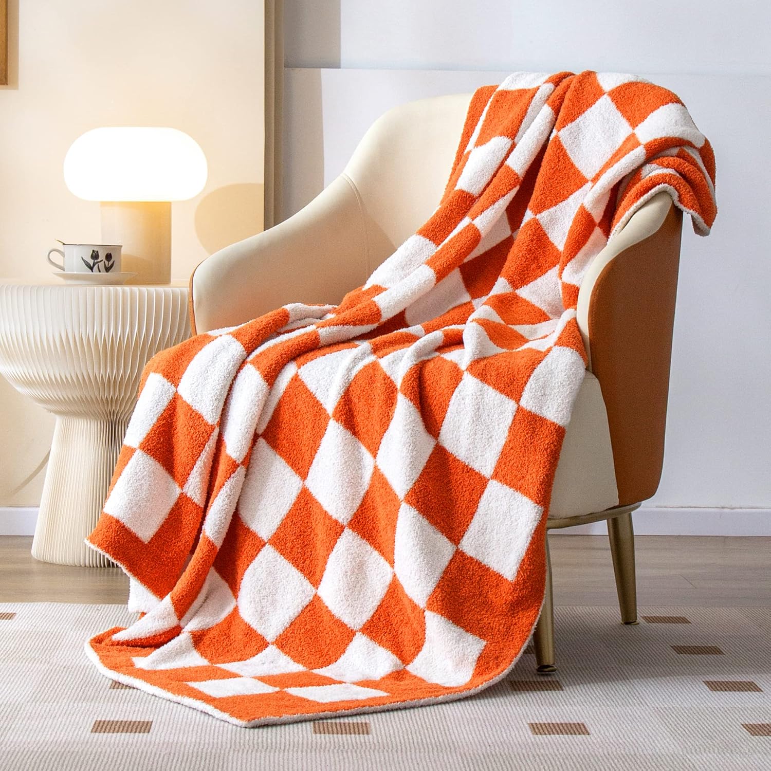 SeaRoomy CheckeredThrow Blanket, Soft Fluffy Microfiber Knit Throw Blanket for Couch Bed, Warm Cozy Reversible Checkerboard Knitted Blanket Room Decor(Burnt Orange, 51"×63")