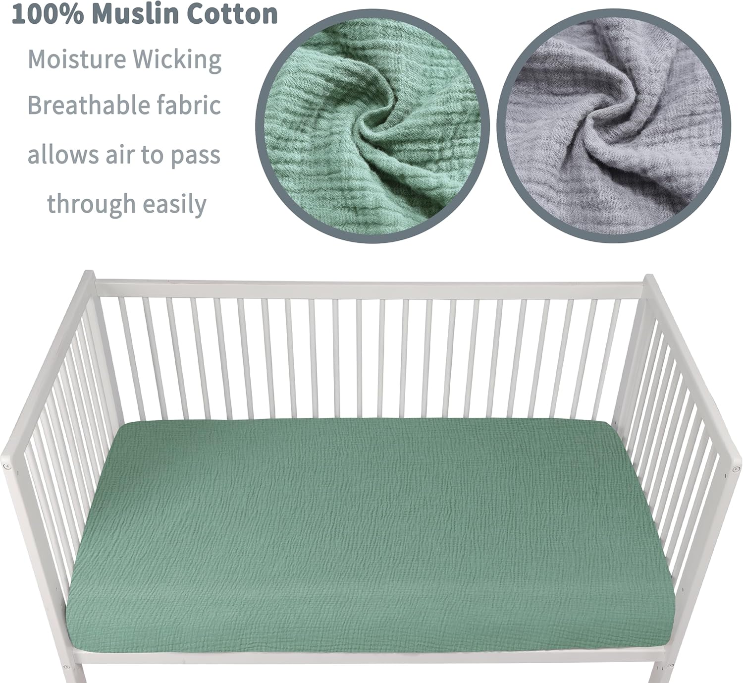 Muslin Crib Sheets for Boys Girls 100% Cotton Fitted Baby Crib Sheet 2 Pack Soft and Breathable for Standard Crib Mattress & Toddler Mattress 52x28in (Gray & Green)