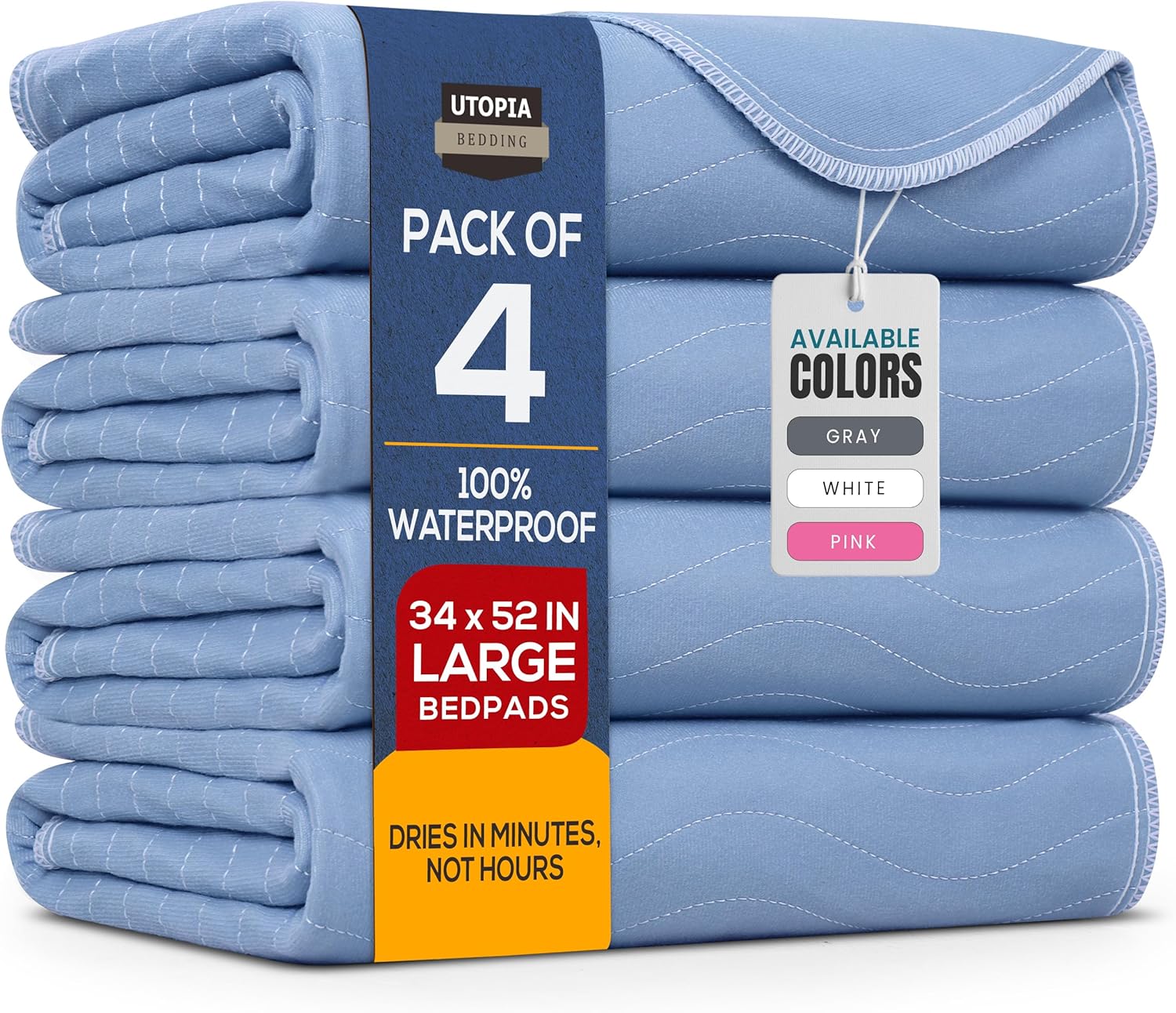 Utopia Bedding Washable Underpads 34" x 52" (Pack of 4), Waterproof Reusable Heavy Absorbency Incontinence Bed Pads for Adults, Kids, Elderly and Pets, Bedwetting Pads for Sofa and Couch (Blue)