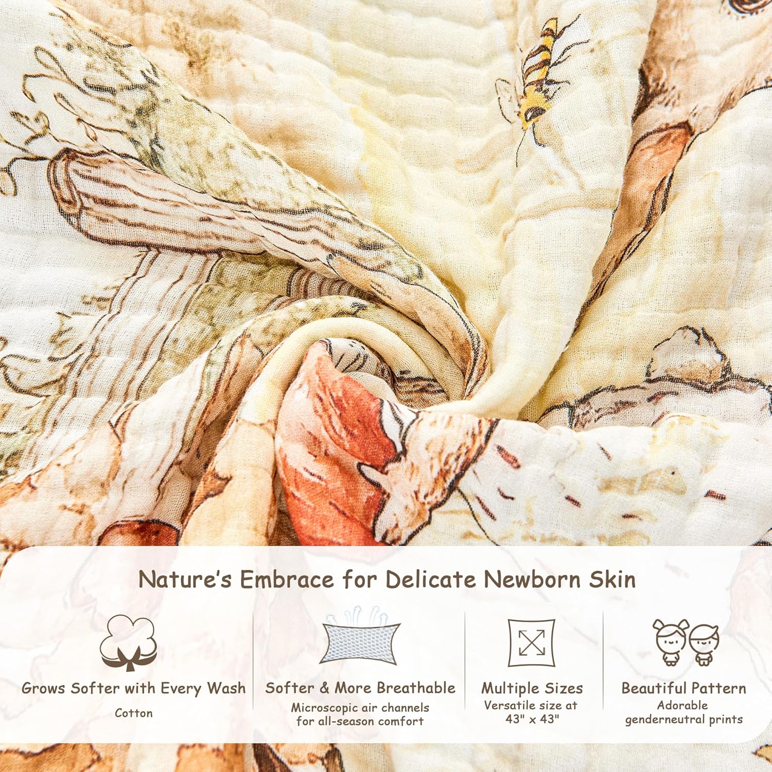 Luxury Muslin Baby Blanket, Cozy Swaddle, 6-Layer Cotton Receiving Blanket for Newborn Infant, 43x43 Inch Lightweight Breathable Crib Blanket, Nursery Stroller Toddler Quilt, Rabbits