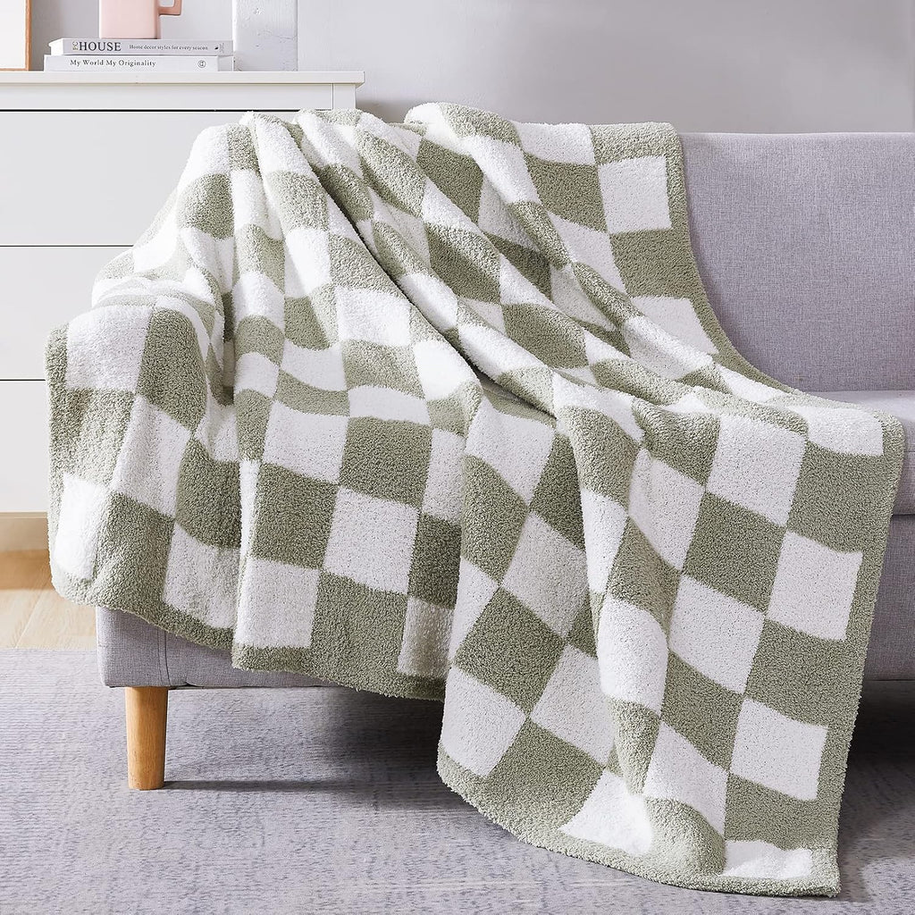 WRENSONGE Checkered Throw Blanket, Sage Green Soft Cozy Fluffy Warm Hand Made Throw Blankets for Couch, Sofa, Chair, Bed, Camping, Picnic, Travel Lightweight Bed Blanket - 60"*80"