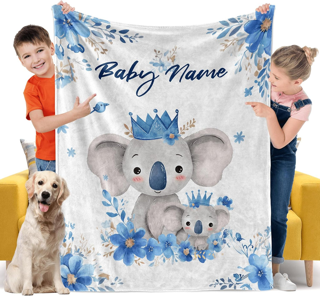 Watercolor Koala Personalized Boy Baby Blanket, Custom Baby Throw Blanket with Name for Newborn Son Daughter Grandson Granddaughter Toddler Birthday Bed Blanket