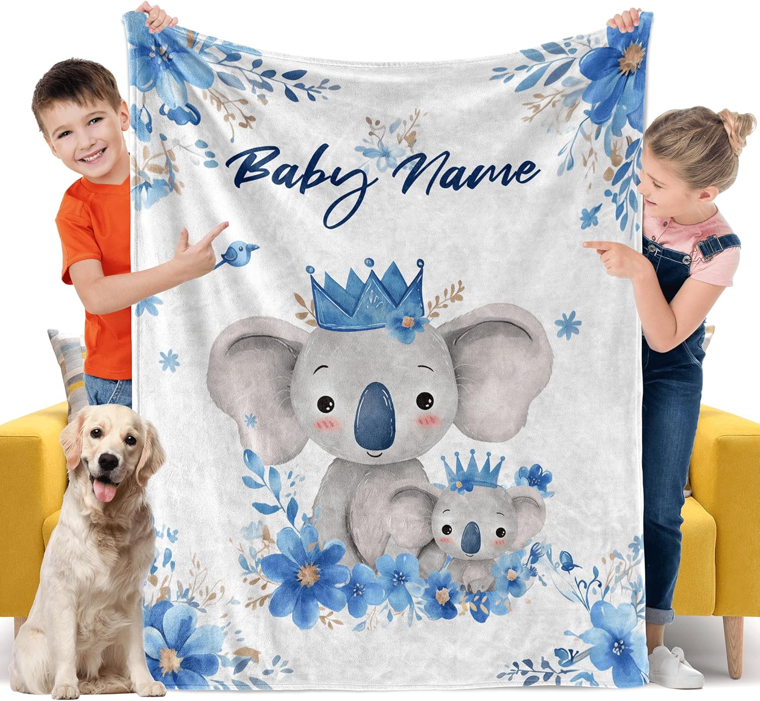 Watercolor Koala Personalized Boy Baby Blanket, Custom Baby Throw Blanket with Name for Newborn Son Daughter Grandson Granddaughter Toddler Birthday Bed Blanket