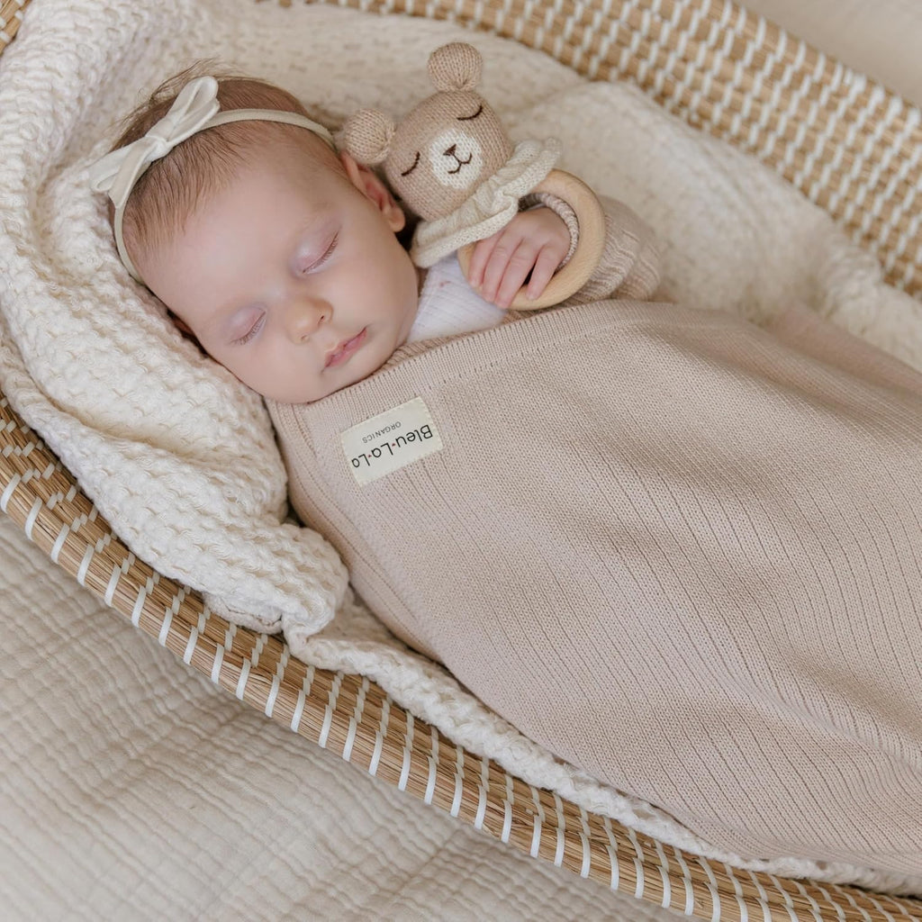 Organic Ribbed Swaddle Blanket for Boys & Girls - 100% Luxury Organic Soft Cotton Knit Warm Cozy Cuddle Stroller Crib Blanket for Newborns, Infants, & Toddlers (Oatmeal)
