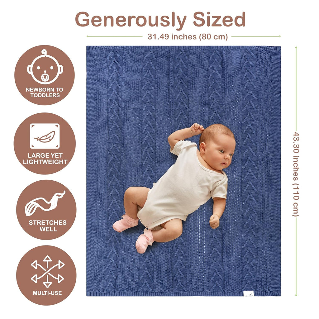 Organic Cotton Baby Blanket - 31.5 x 43.3 Inches, Soft Knitted Crib Blanket for Boys & Girls, Breathable Design (Blue)