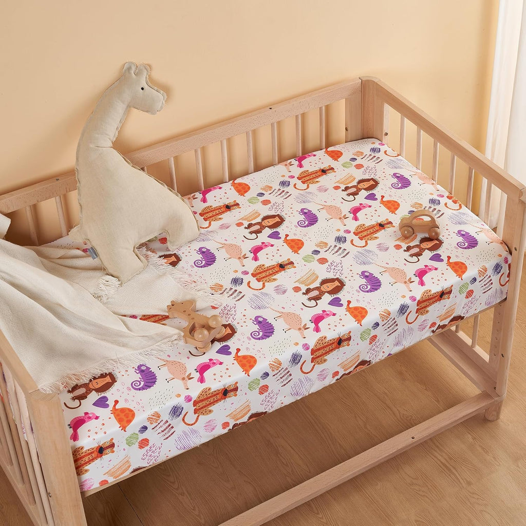 TILLYOU Baby Crib Sheets for Boys Girls, Super Soft Toddler Bed Sheets, 2 Pack Sheets for Standard Crib Mattress 28x52in, Animal Graffiti