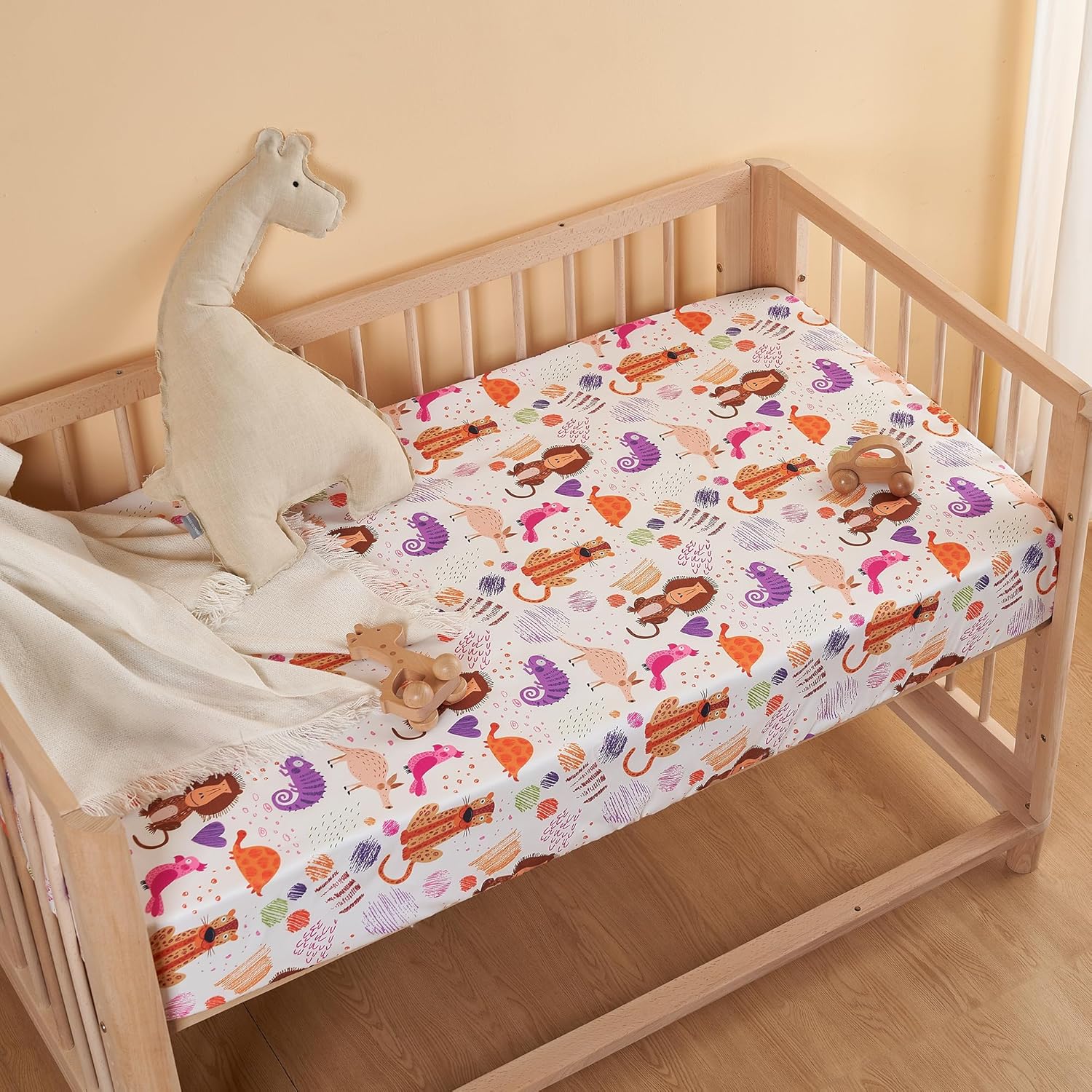 TILLYOU Baby Crib Sheets for Boys Girls, Super Soft Toddler Bed Sheets, 2 Pack Sheets for Standard Crib Mattress 28x52in, Animal Graffiti